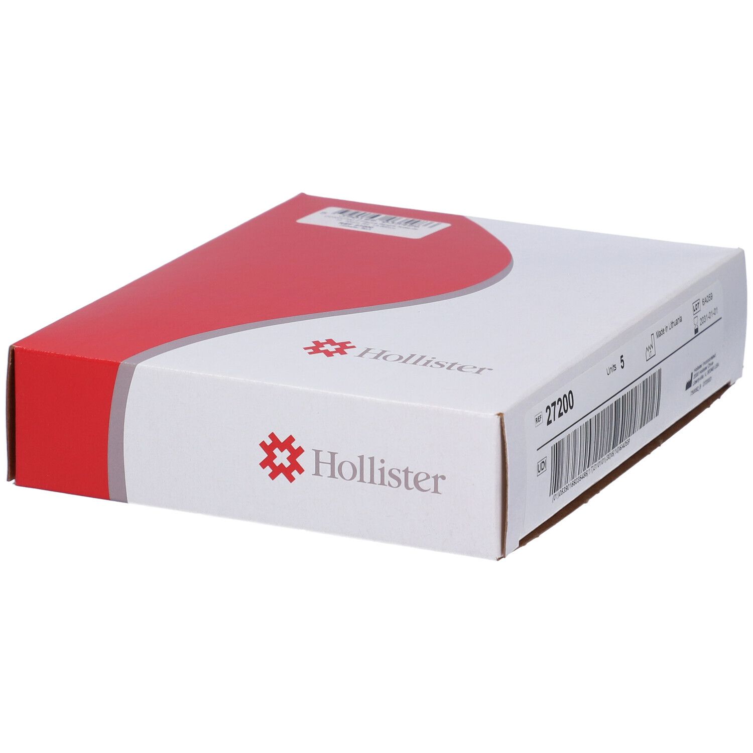 Confezione placca per stomia Hollister Conform 2, vista laterale. Design rosso e bianco con logo aziendale.