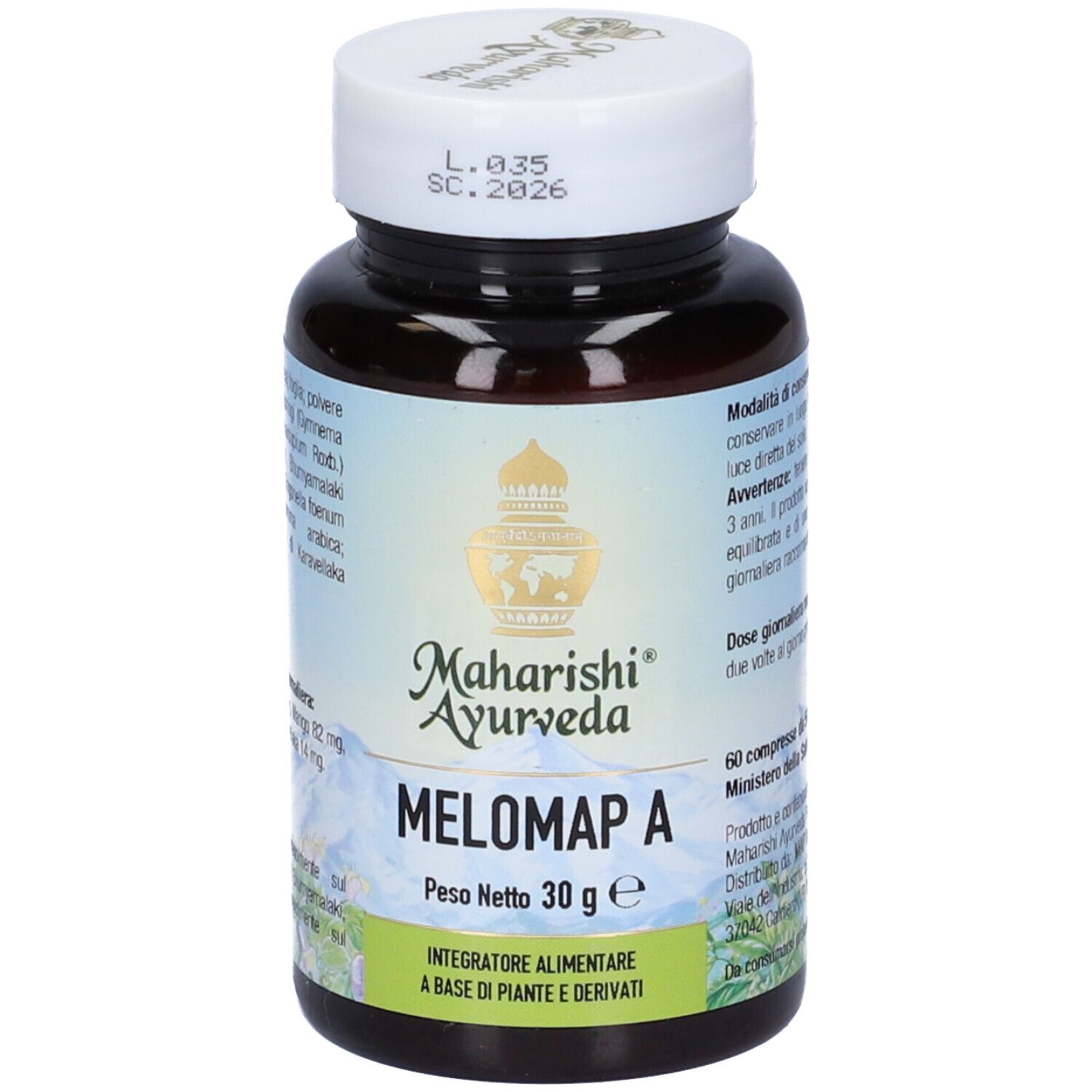 Flacone marrone con tappo bianco. Scritta: Melomap A, Maharishi Ayurveda. Peso netto 30 g.