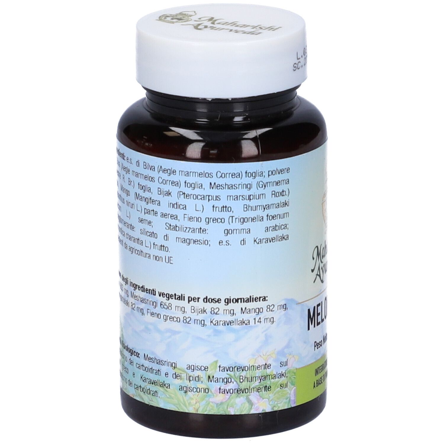 Flacone marrone con tappo bianco. Scritta: Melomap A, Maharishi Ayurveda. Elenco ingredienti.