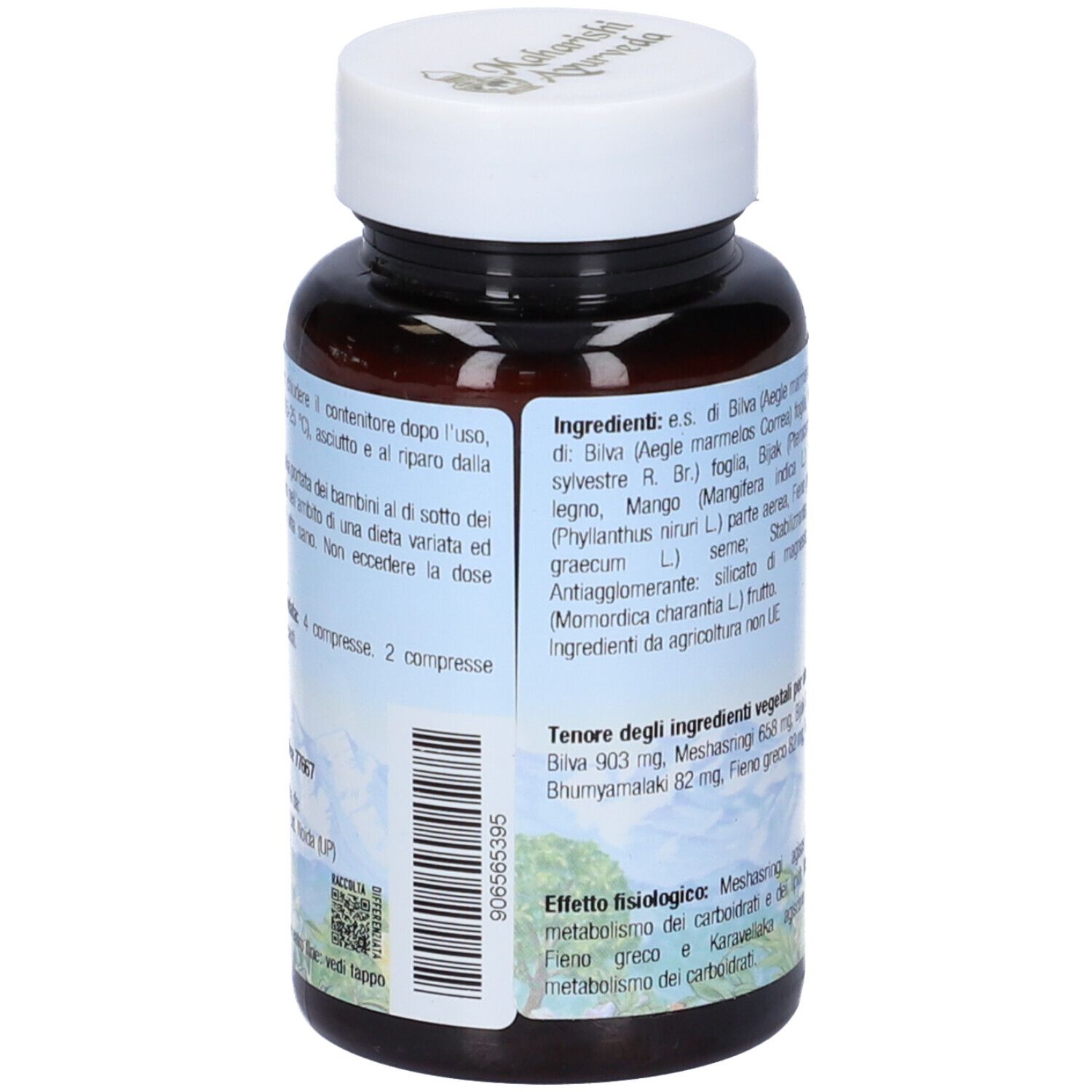 Flacone marrone con tappo bianco. Scritta: Melomap A, Maharishi Ayurveda. Dosaggio: 2 compresse.