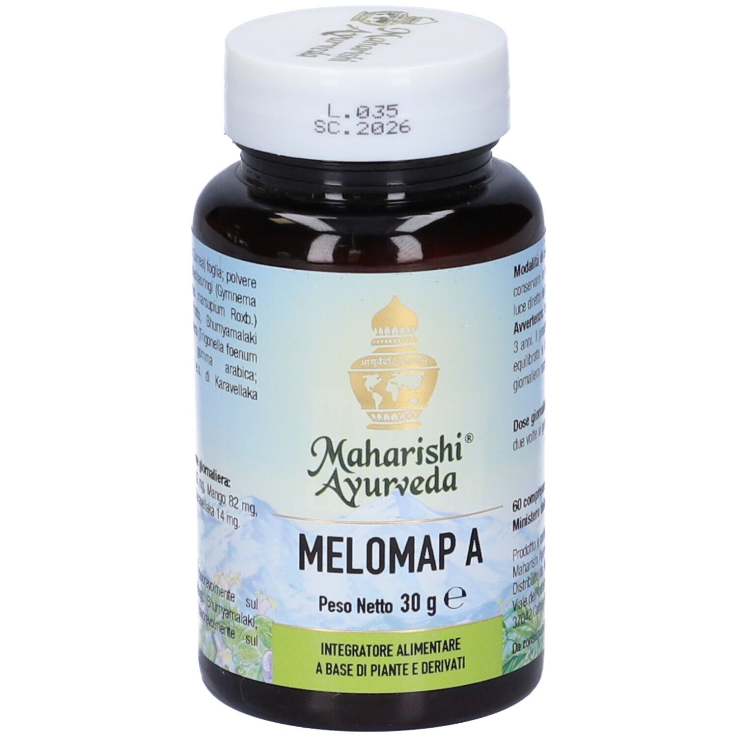 Flacone marrone con tappo bianco. Scritta: Melomap A, Maharishi Ayurveda. Peso netto 30 g.