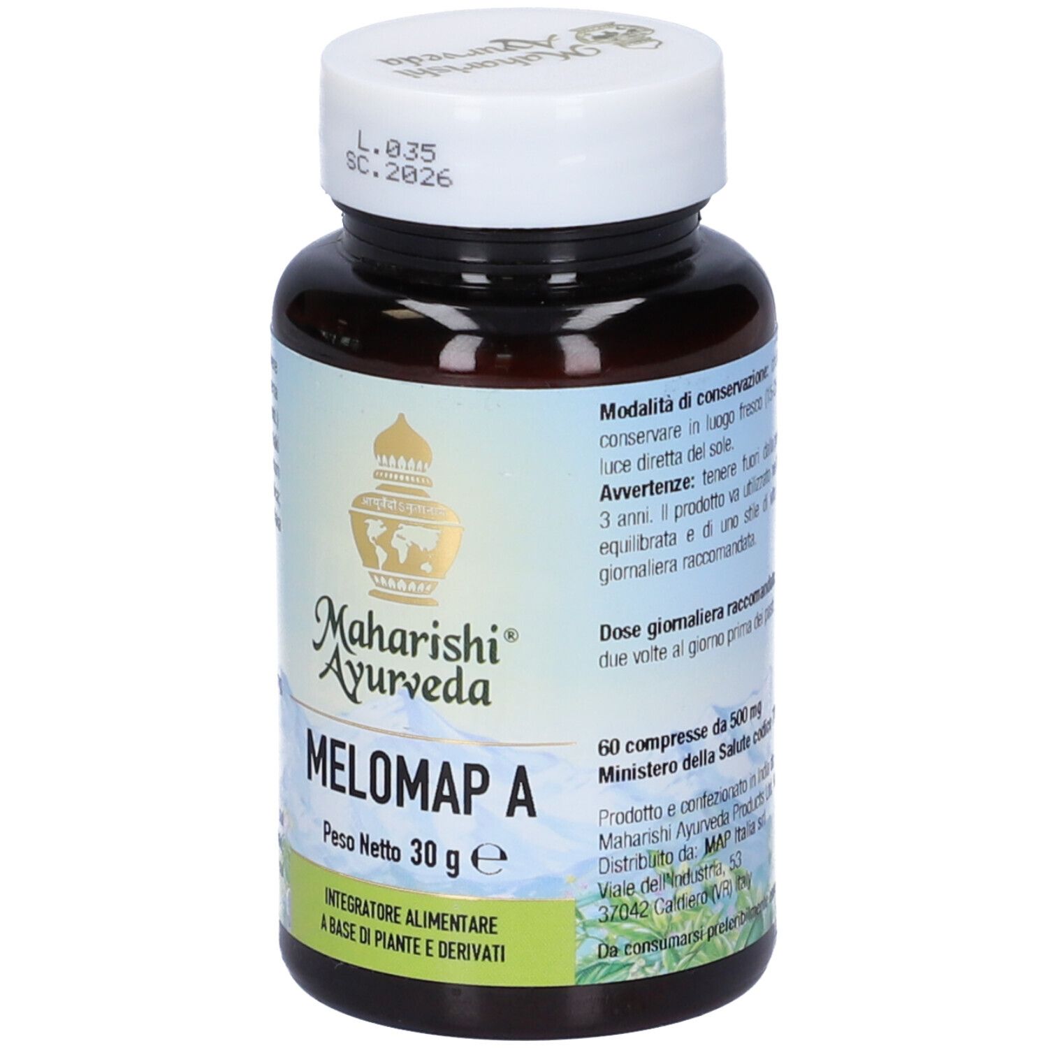 Flacone marrone con tappo bianco. Scritta: Melomap A, Maharishi Ayurveda. Peso netto 30 g.