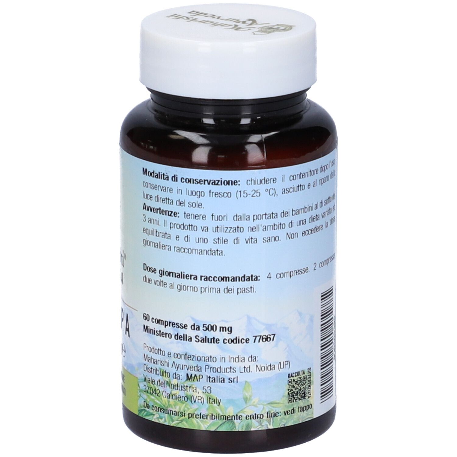 Flacone marrone con tappo bianco. Scritta: Melomap A, Maharishi Ayurveda. 60 compresse, 500 mg.