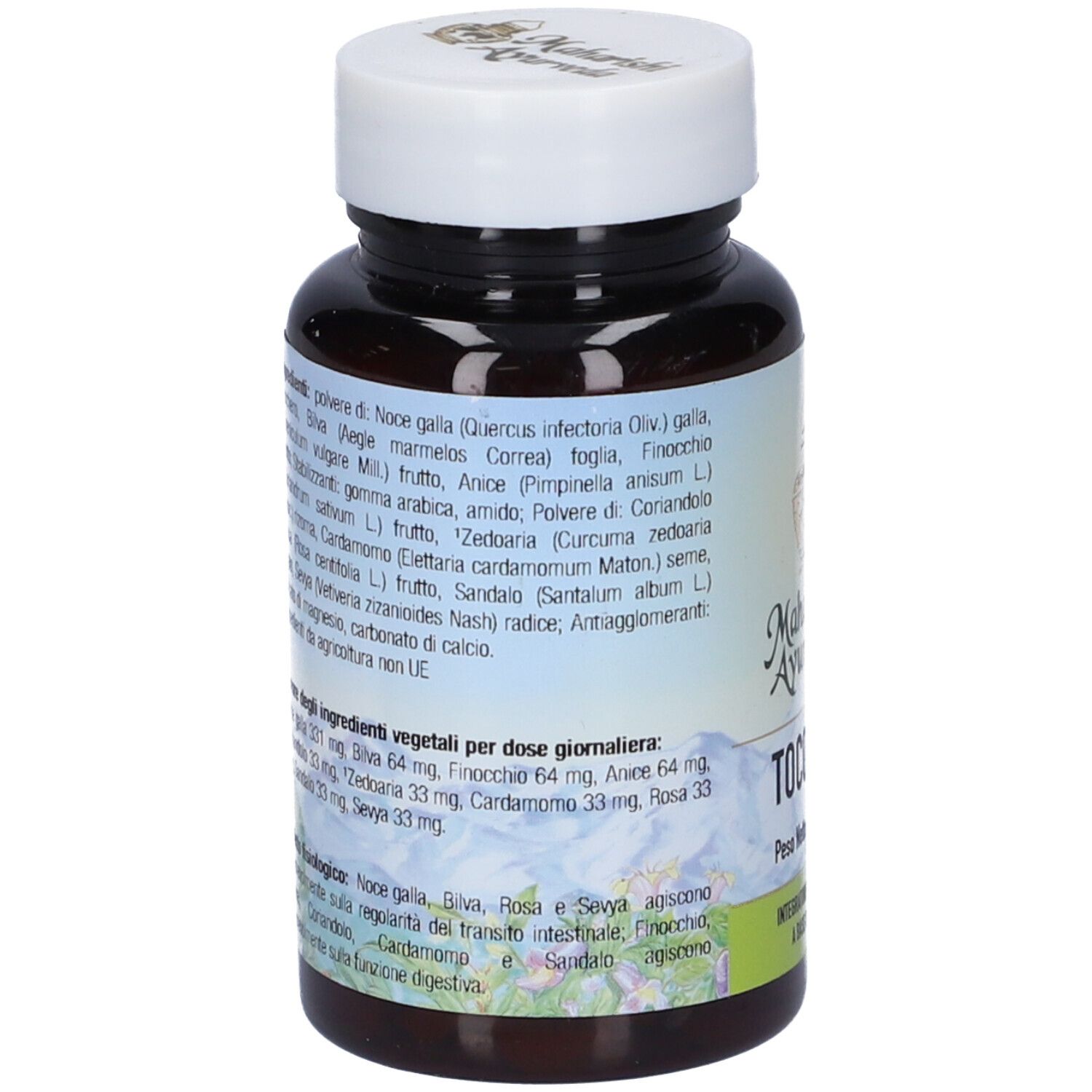 Retro del flacone marrone con tappo bianco. Etichetta con ingredienti e informazioni nutrizionali. Testo in italiano.