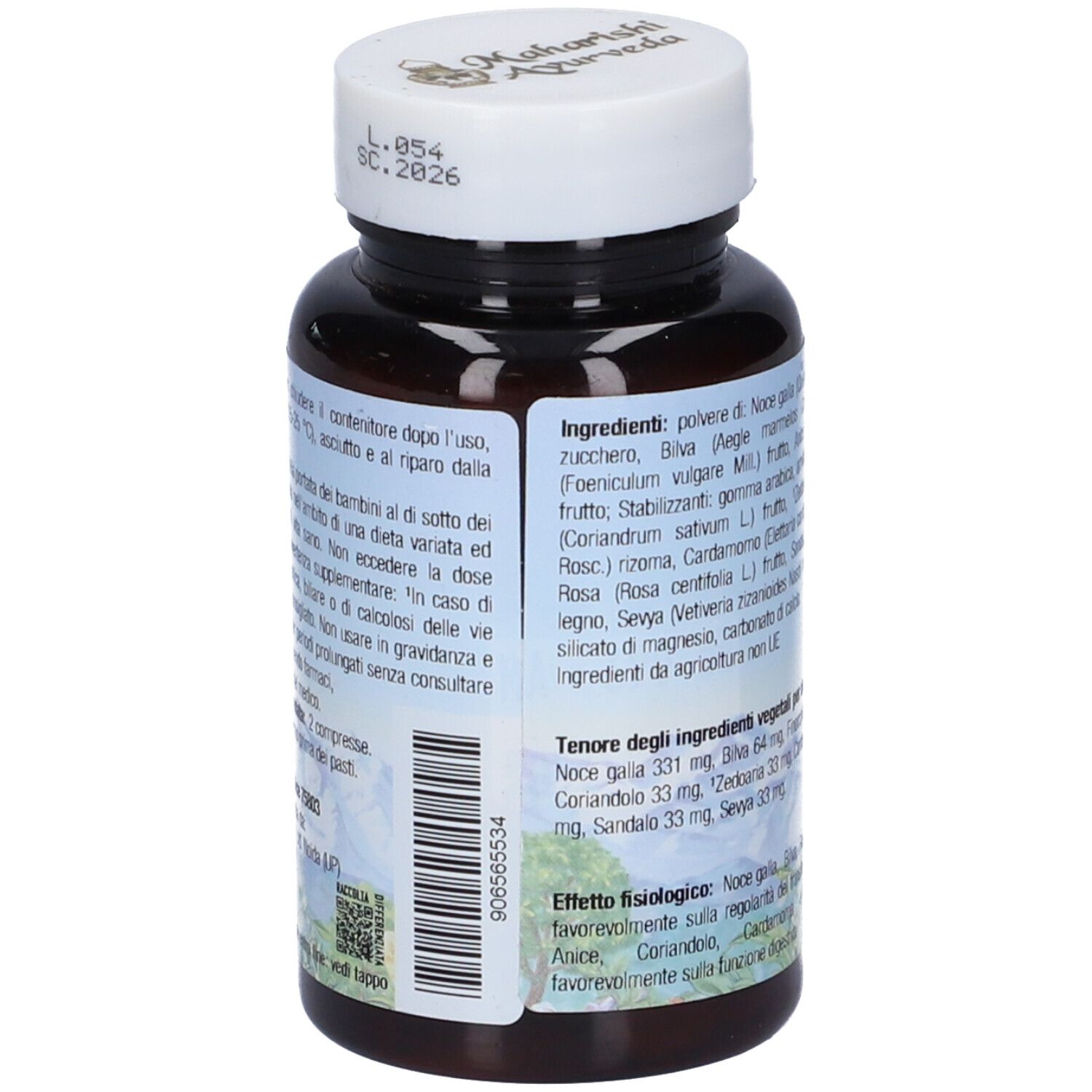 Retro del flacone marrone con tappo bianco. Etichetta con ingredienti, avvertenze e numero di lotto. Testo in italiano.