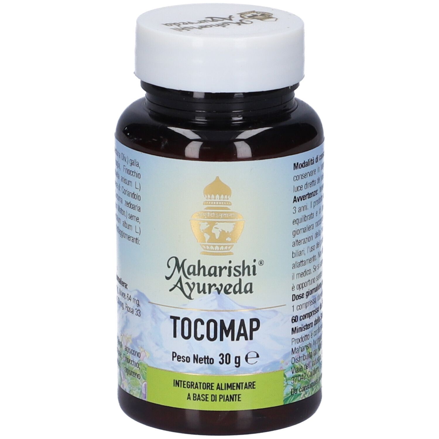 Flacone marrone con tappo bianco. Scritta: Tocomap, Maharishi Ayurveda. Peso netto: 30 g. Etichetta con ingredienti e logo.