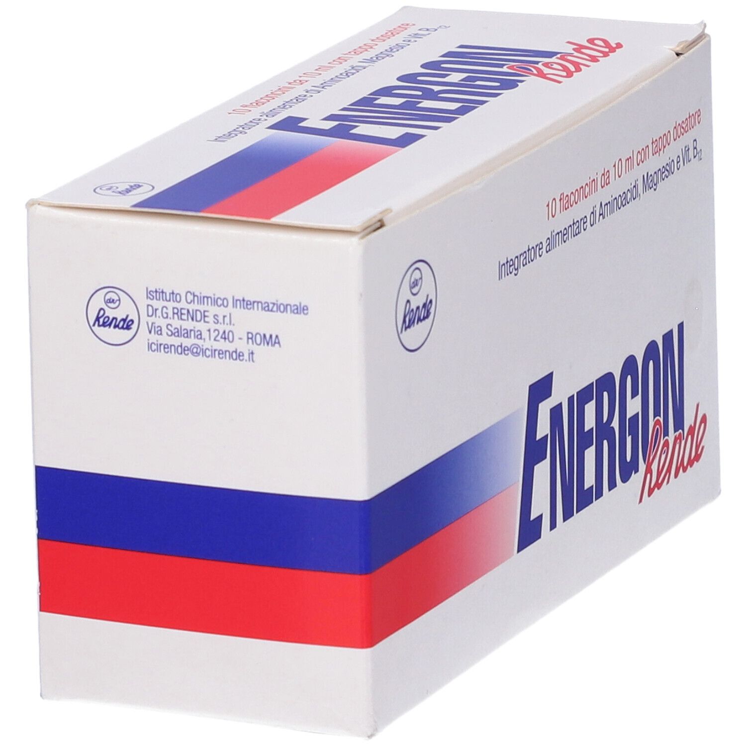 Scatola "Energon Rende" con strisce blu, rosse e bianche. Contiene 10 flaconcini.