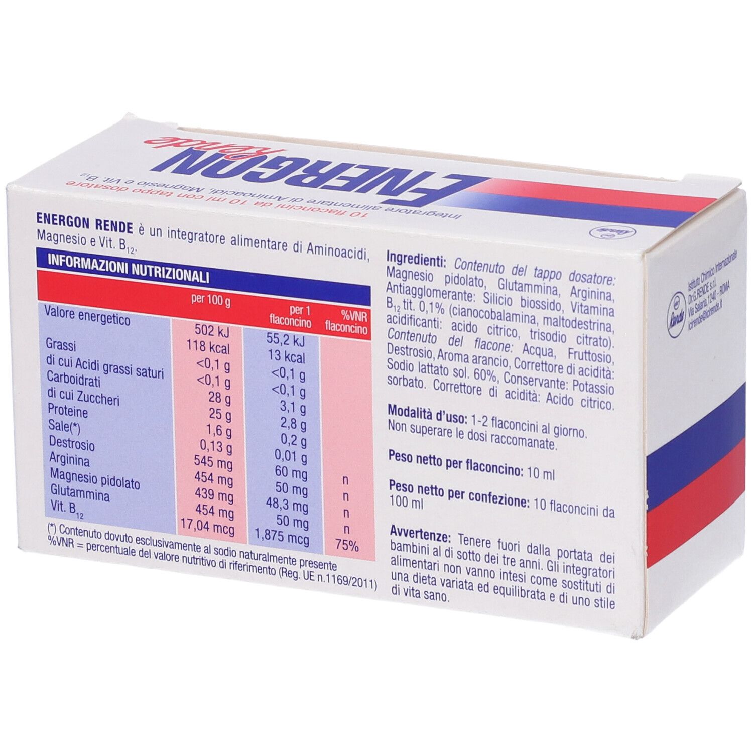 Retro della scatola "Energon Rende". Contiene informazioni nutrizionali e ingredienti.