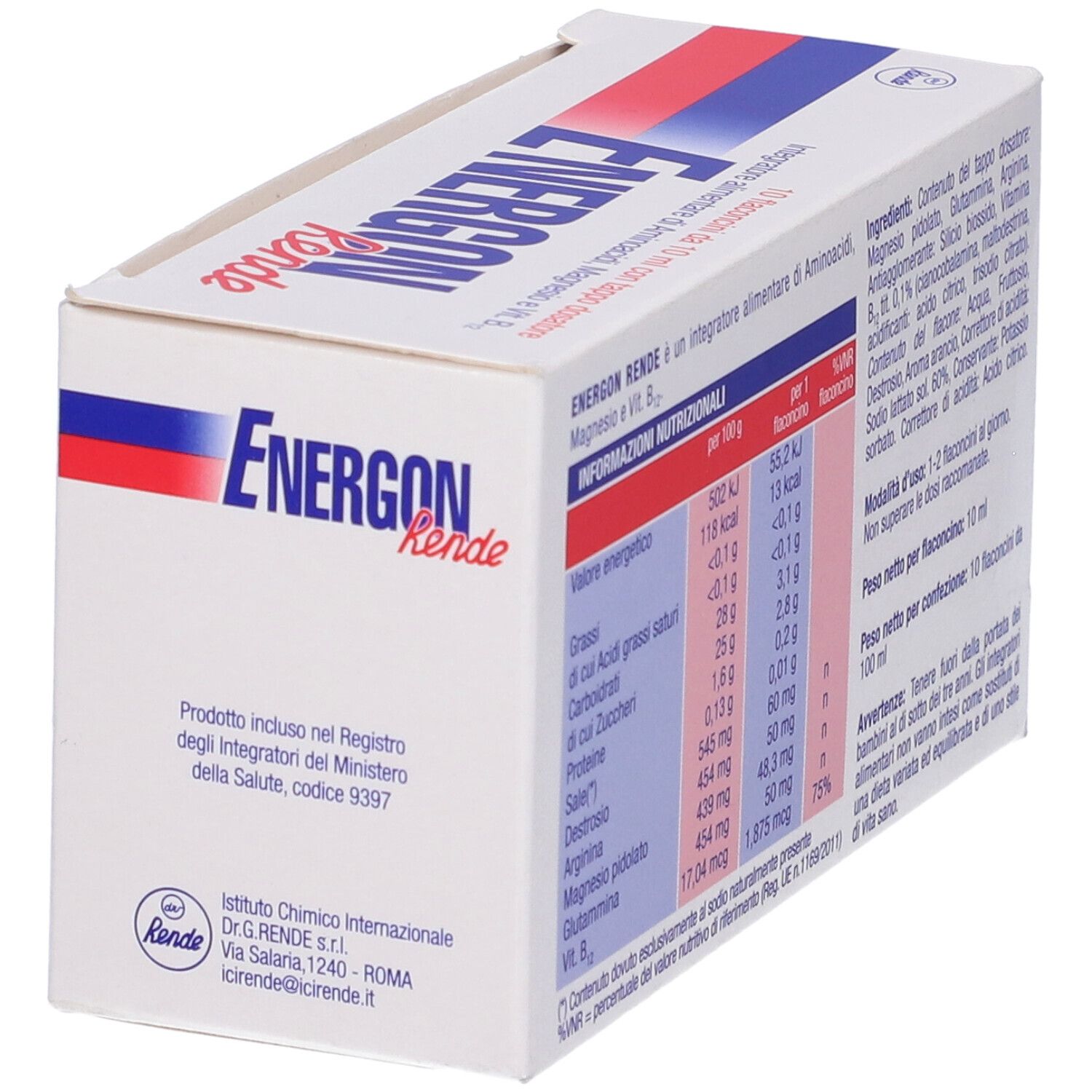 Scatola "Energon Rende" con informazioni nutrizionali. Contiene 10 flaconcini.