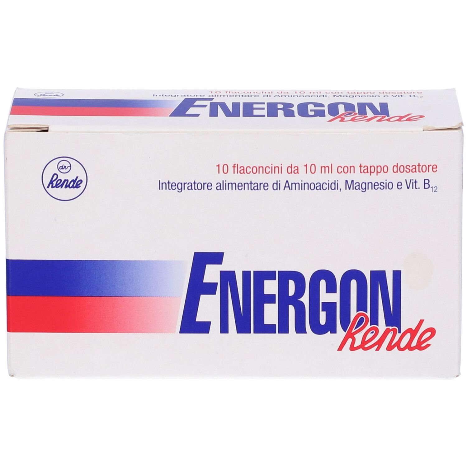 Scatola "Energon Rende" con strisce blu, rosse e bianche. Contiene 10 flaconcini.