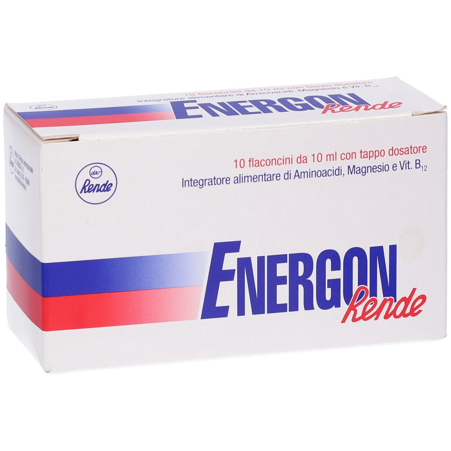 Scatola "Energon Rende" con strisce blu, rosse e bianche. Contiene 10 flaconcini.