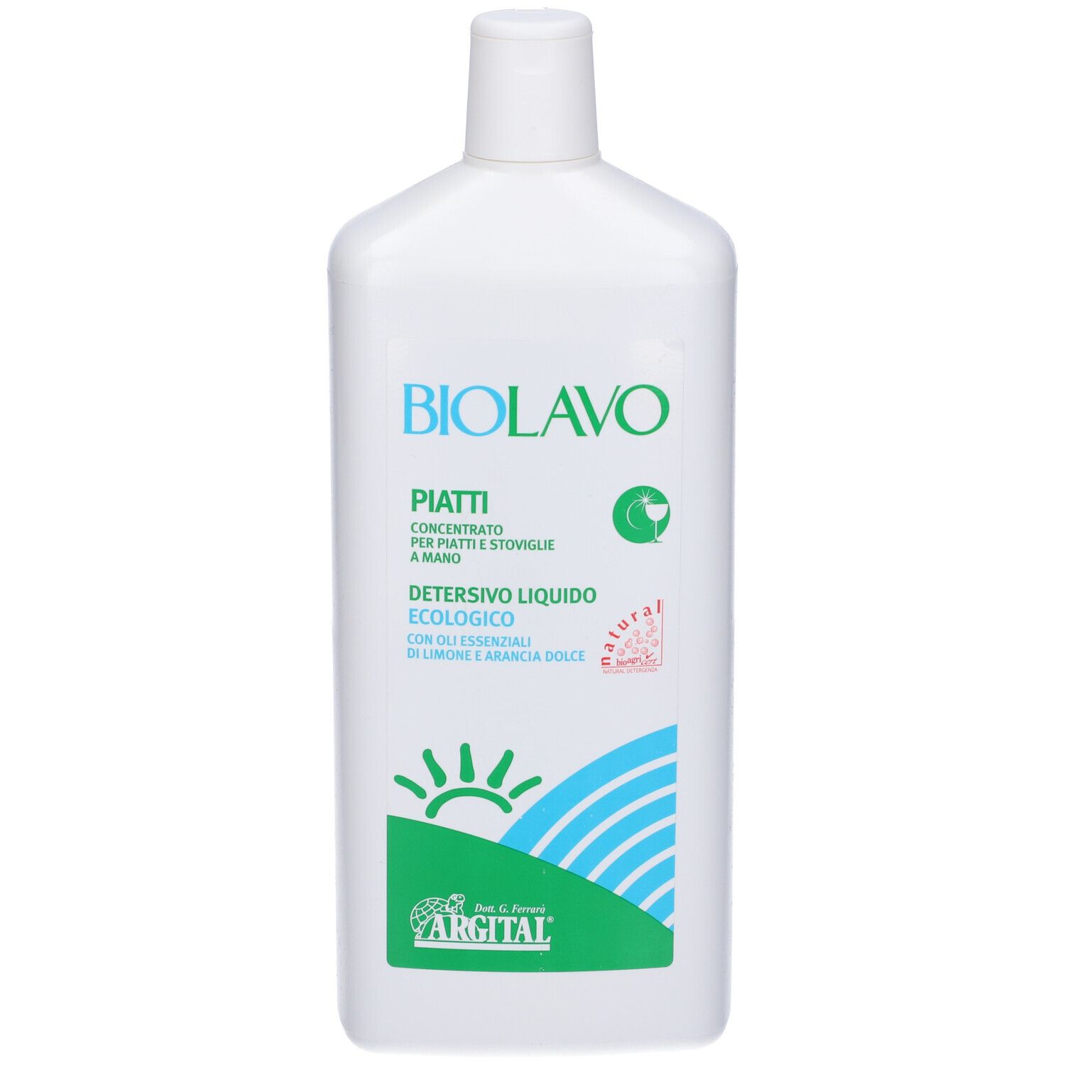 Bottiglia bianca con etichetta verde e blu. Scritta: Biolavo, Piatti, Detergente Liquido Ecologico. Logo Argital.