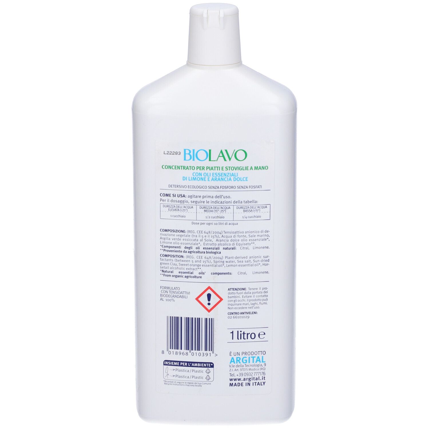 Retro di una bottiglia bianca. Scritta: Biolavo, Piatti, Detergente Liquido Ecologico. Codice a barre, 1 litro, logo Argital.