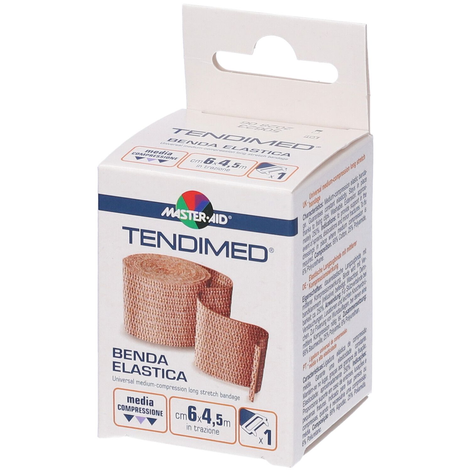 Scatola di TENDIMED Benda Elastica. Benda elastica beige. Dimensioni 6,4x4,5m. Scatola con informazioni e logo.