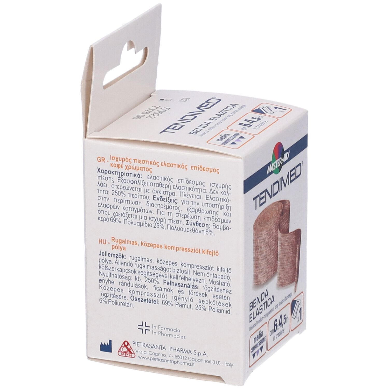 Scatola aperta di TENDIMED Benda Elastica. Informazioni prodotto multilingue. Benda visibile.