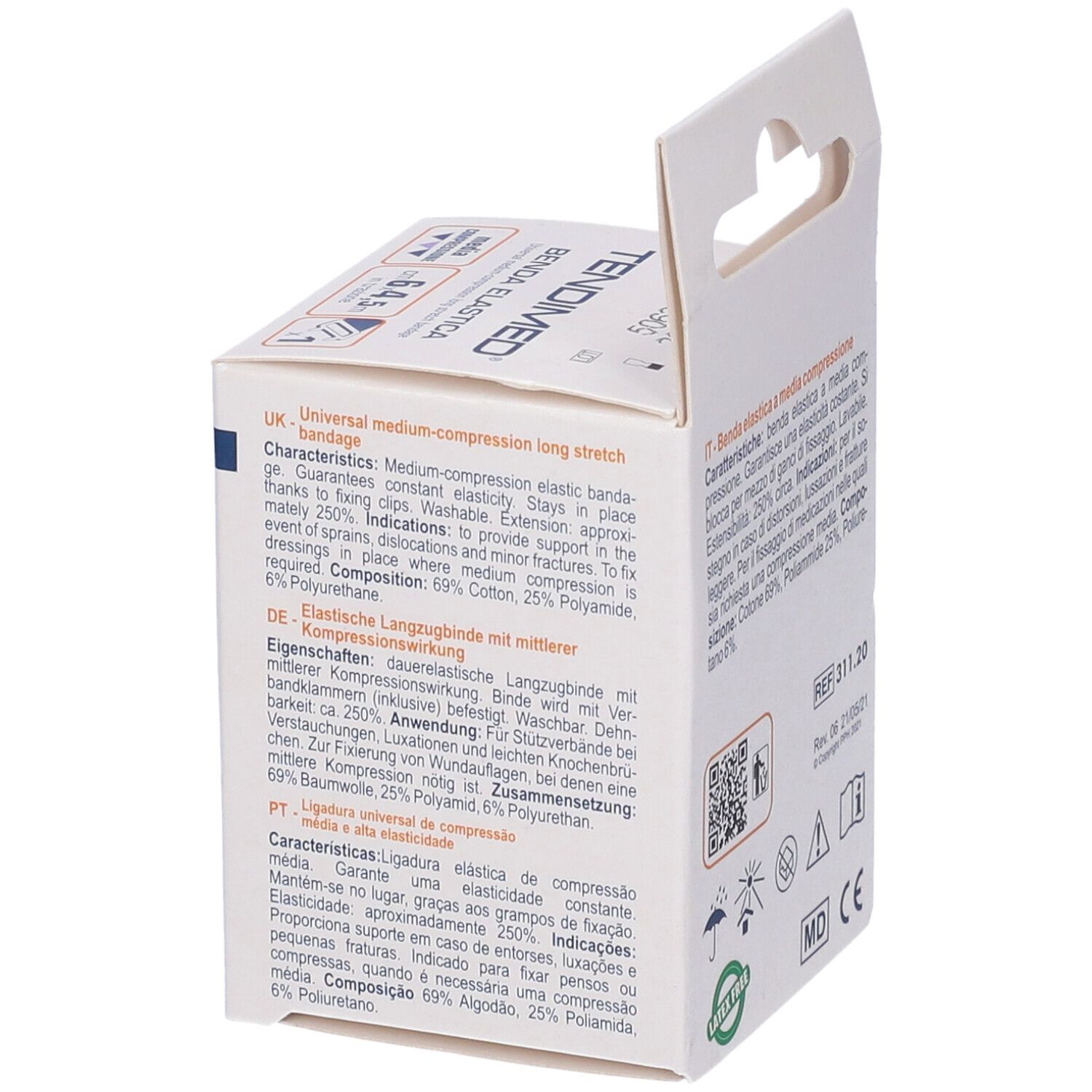 Scatola aperta di TENDIMED Benda Elastica. Informazioni prodotto multilingue. Benda visibile.