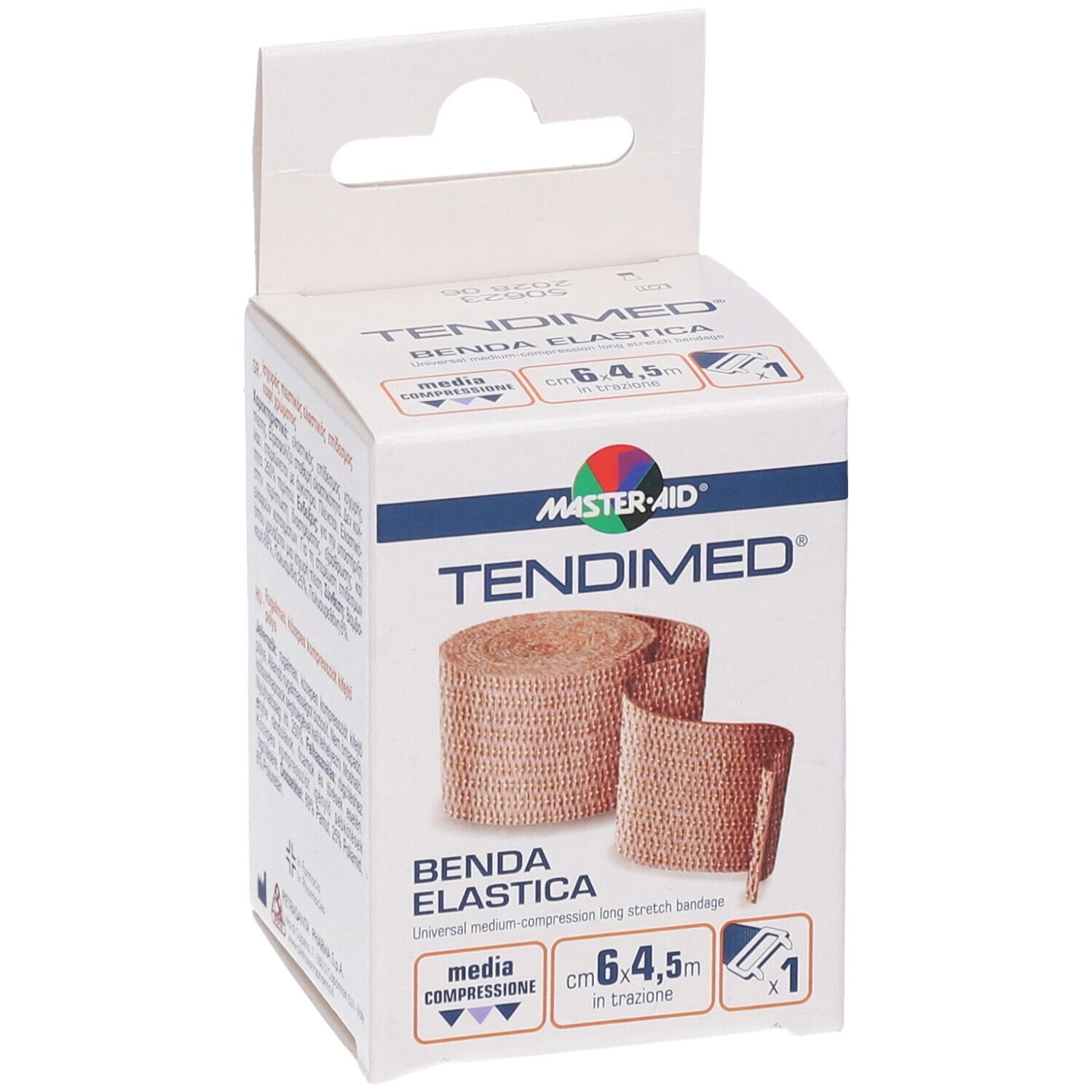 Scatola di TENDIMED Benda Elastica. Benda elastica beige. Dimensioni 6,4x4,5m. Scatola con informazioni e logo.