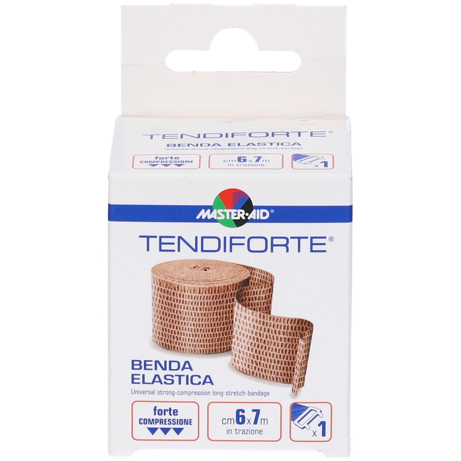 Confezione di Tendiforte, marchio Master-Aid. Benda elastica marrone arrotolata. Confezione con informazioni e logo.