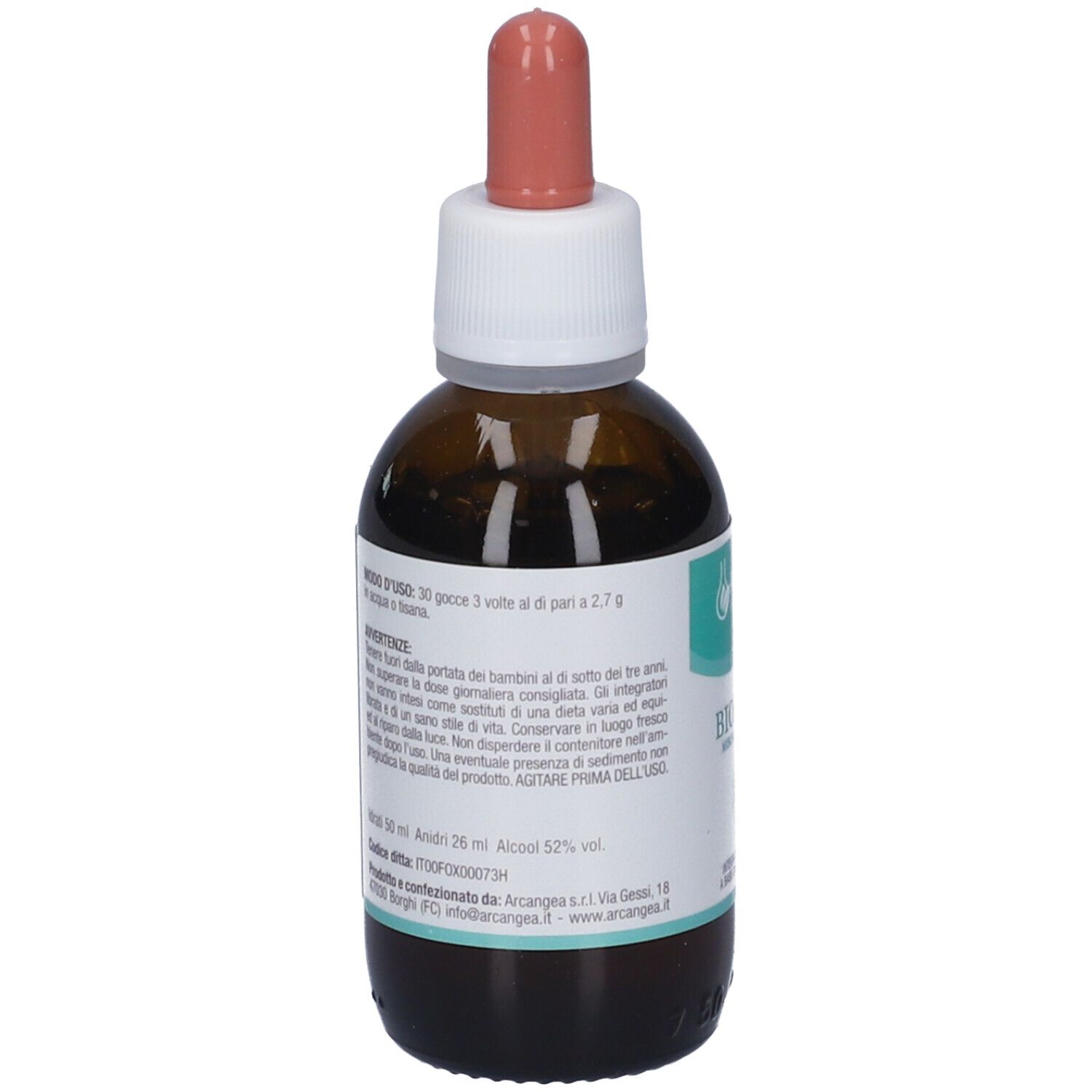 Flacone in vetro marrone con contagocce. Etichetta con testo. Contagocce rosa. Flacone in piedi.