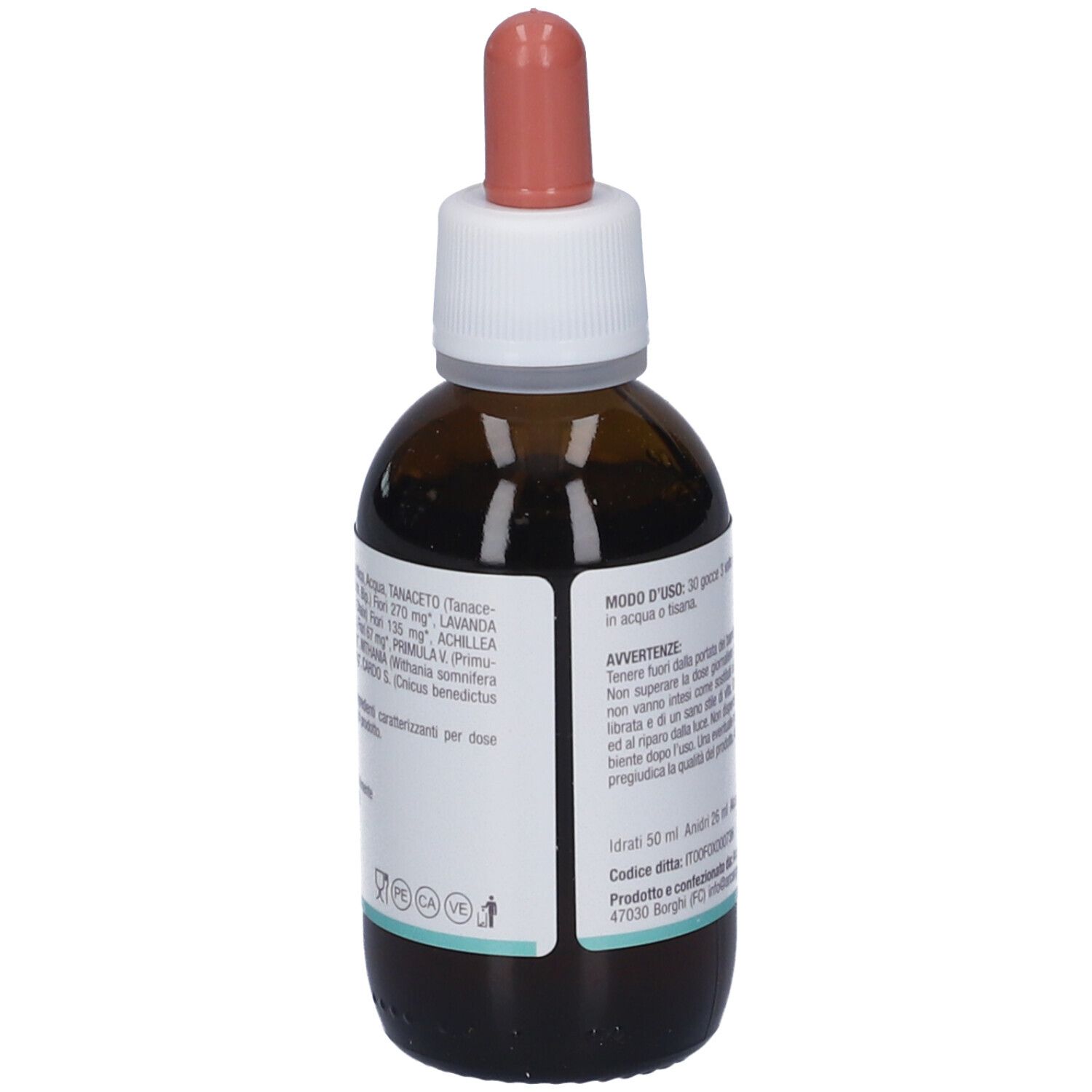 Flacone in vetro marrone con contagocce. Etichetta con testo. Contagocce rosa. Flacone in piedi.