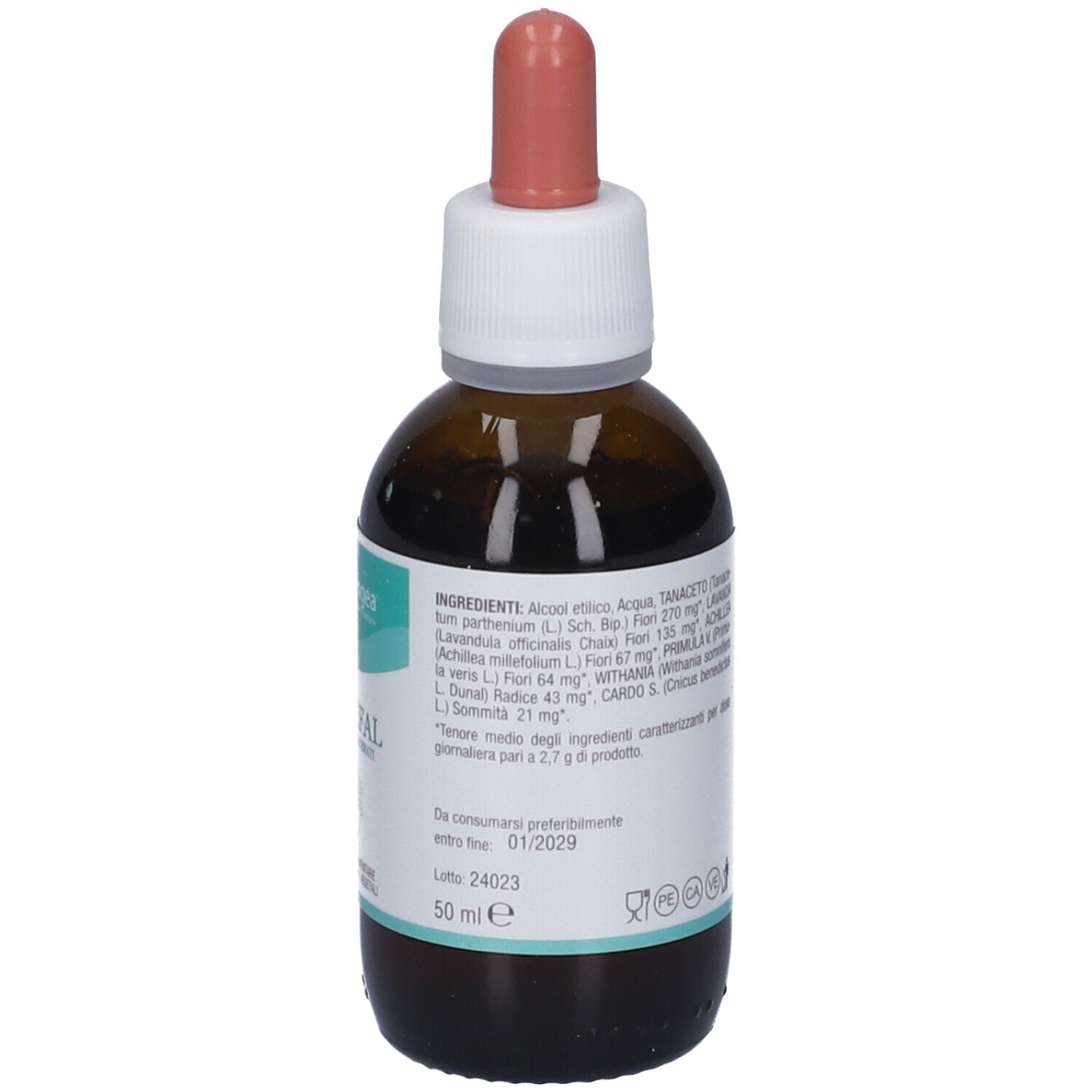 Flacone in vetro marrone con contagocce. Etichetta con testo. Contagocce rosa. Flacone in piedi.