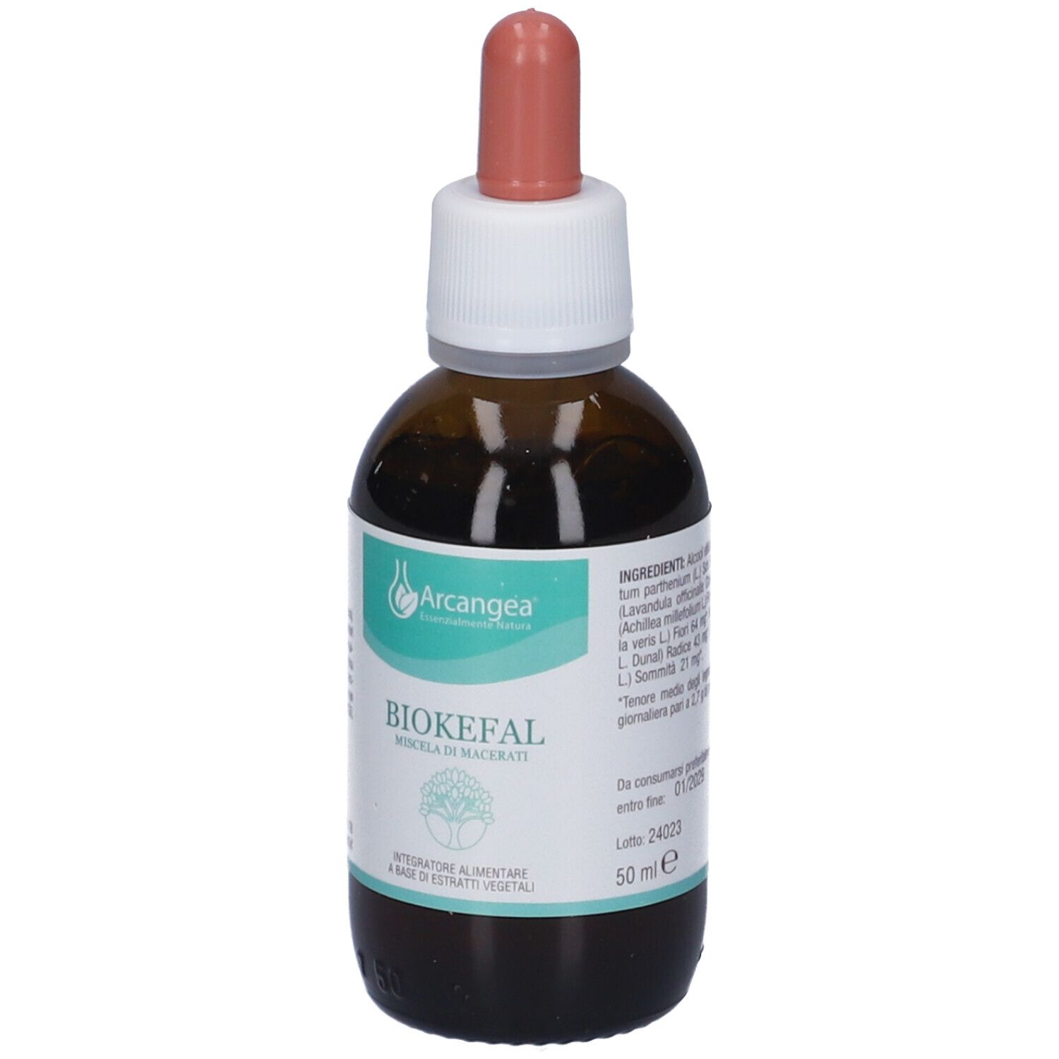 Fronte di una bottiglia di Biokefal con il marchio Arcangea e il nome del prodotto Biokefal.