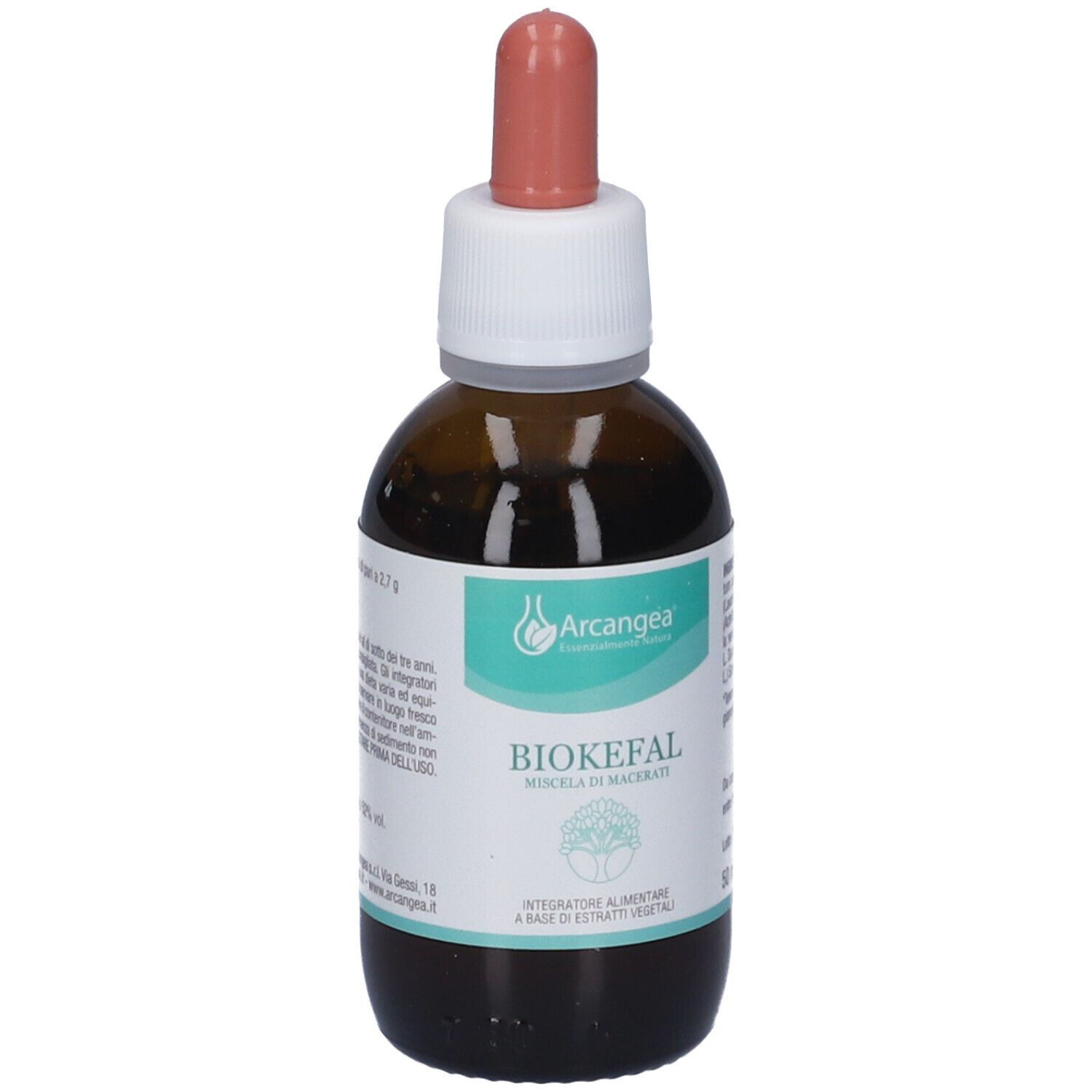 Flacone in vetro marrone con contagocce. Etichetta con nome e logo del prodotto. Contagocce rosa. Flacone in piedi.