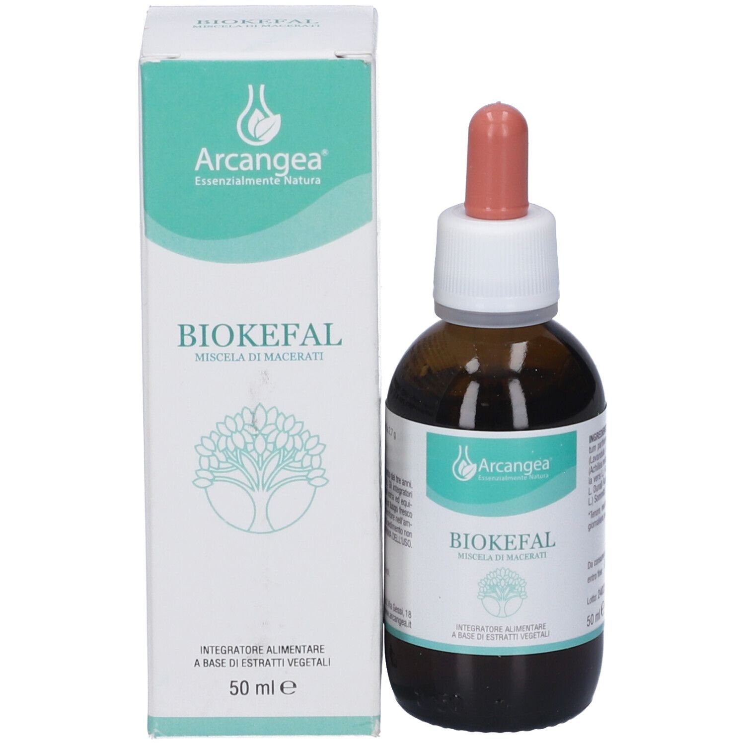 Flacone in vetro marrone con contagocce e confezione. Confezione bianca con logo verde. Flacone in piedi.