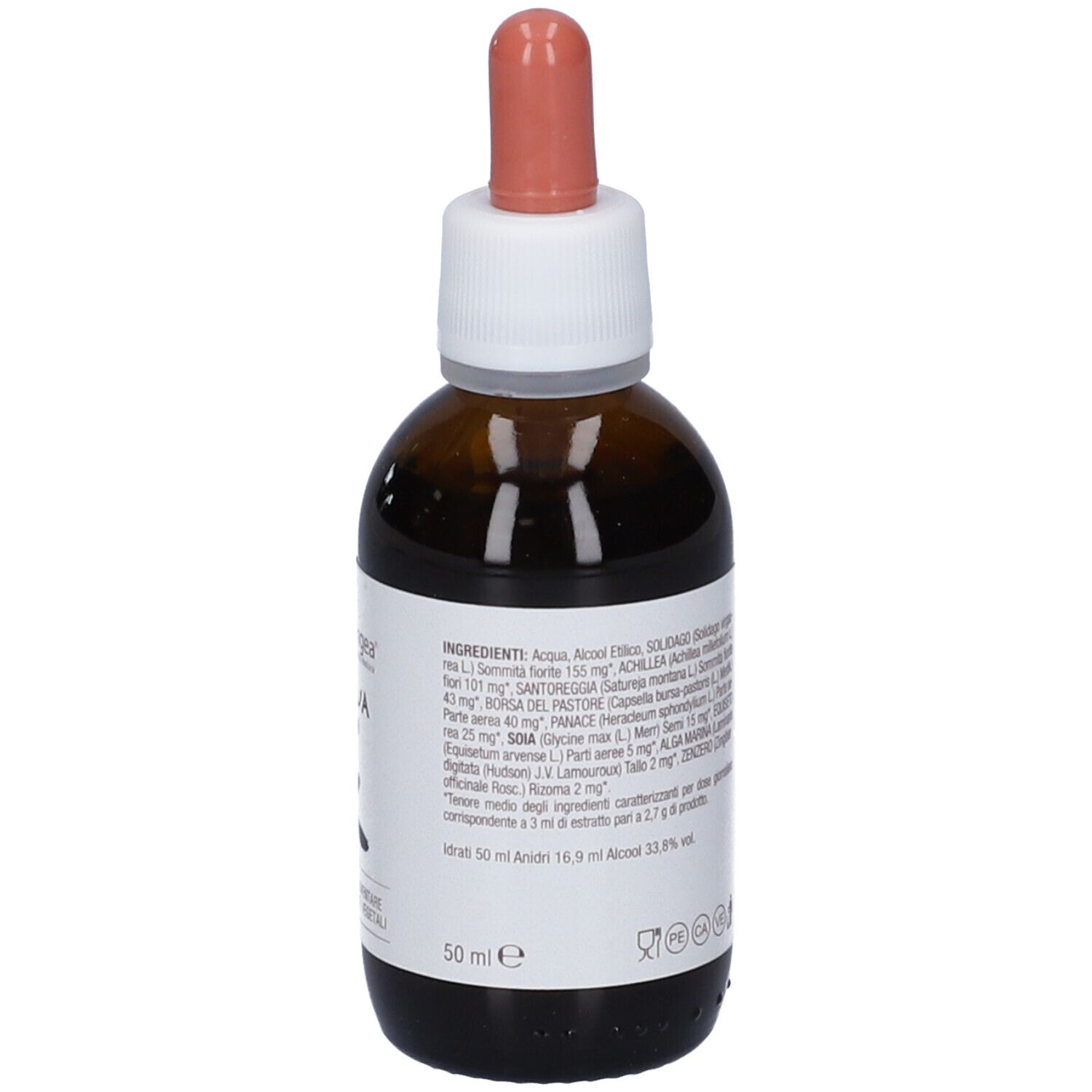 Flacone in vetro marrone con tappo bianco e contagocce rosa. Etichetta con ingredienti e altre informazioni.