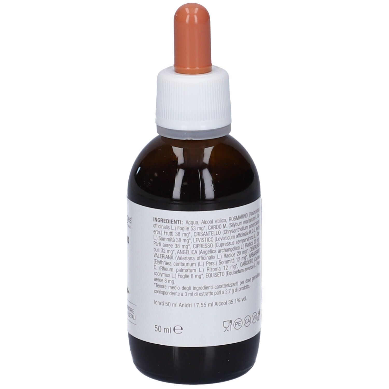 Flacone con etichetta che mostra ingredienti e quantità (50 ml).