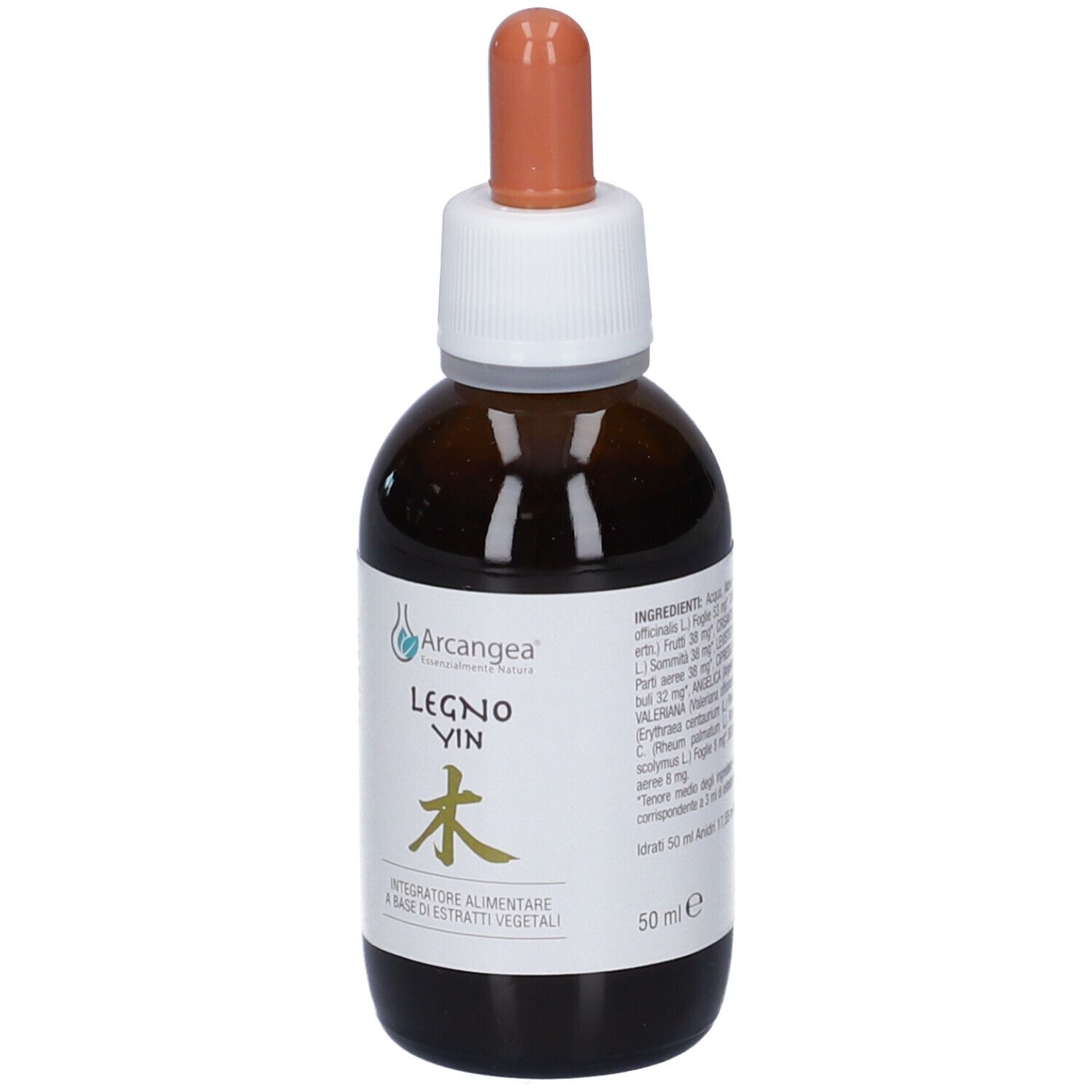 Flacone con etichetta che mostra il marchio "Arcangea" e "Legno Yin".
