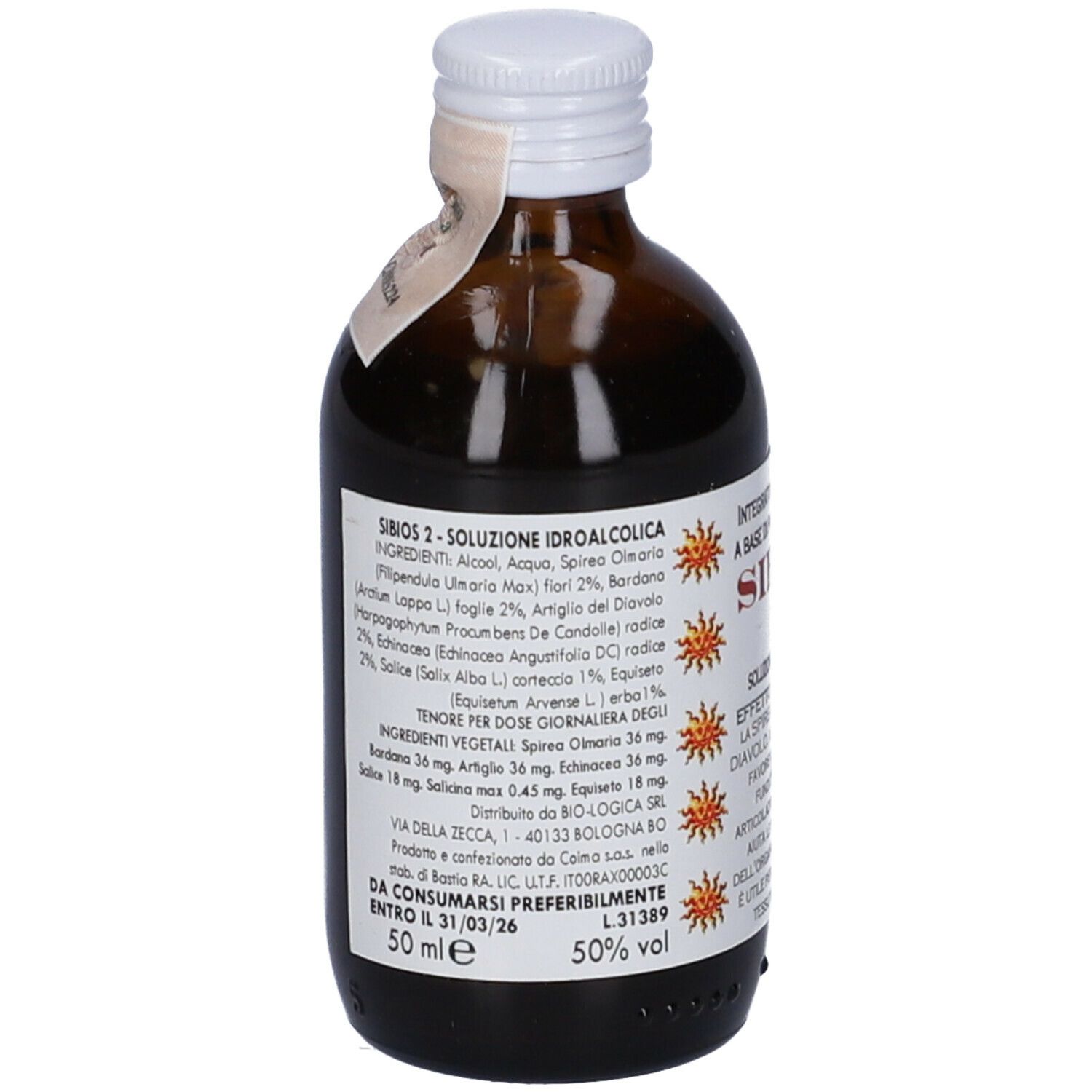 Vista posteriore del flacone di vetro marrone. Etichetta con ingredienti e altre informazioni.