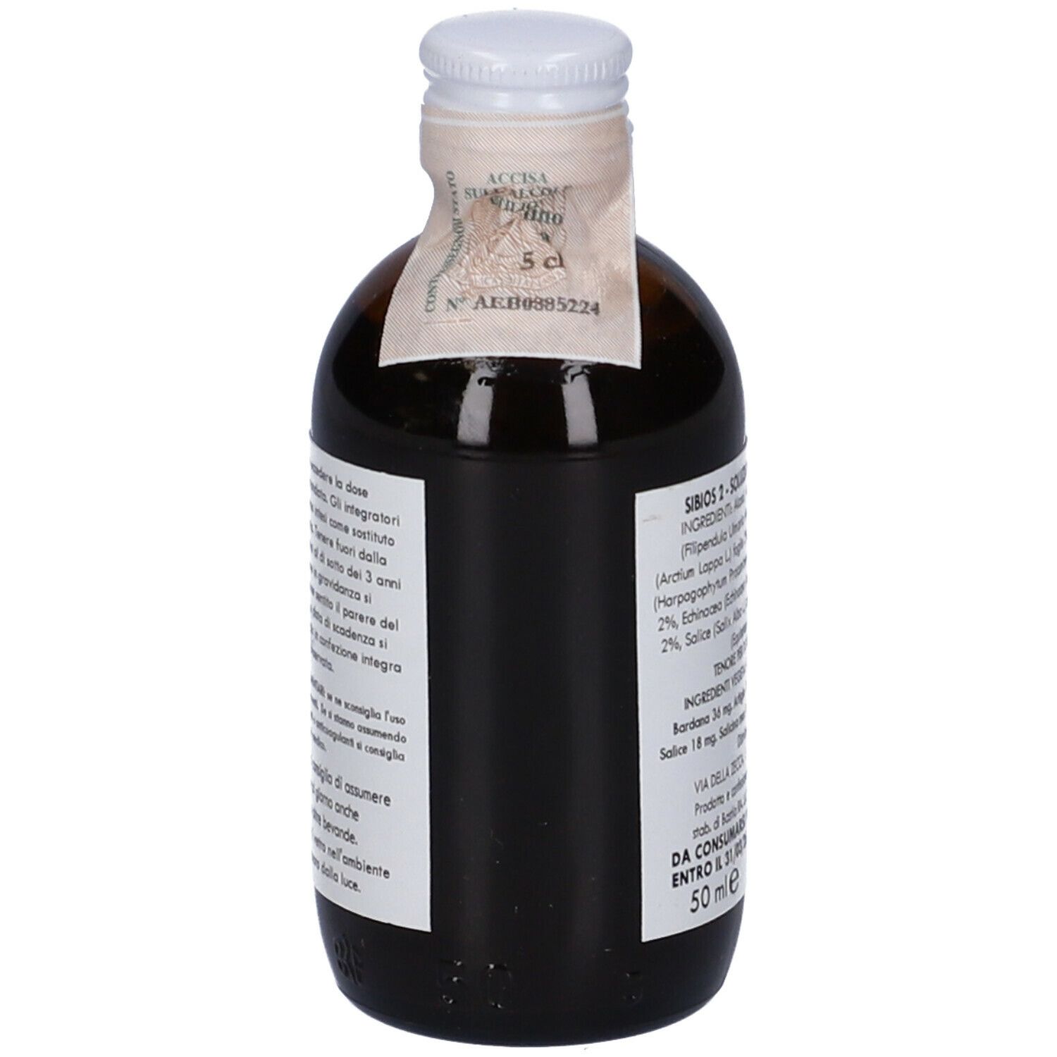 Flacone di vetro marrone, vista laterale. Etichetta con informazioni e adesivo.