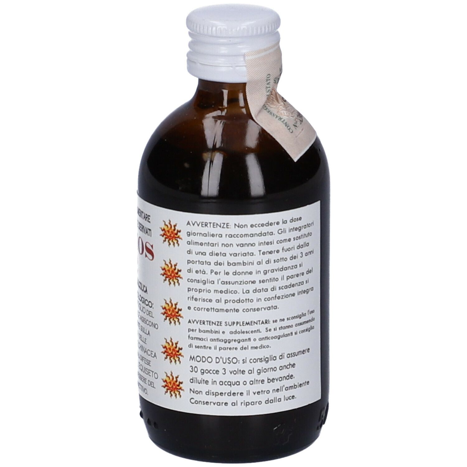 Flacone di vetro marrone con tappo bianco. Etichetta con avvertenze e istruzioni per l'uso.