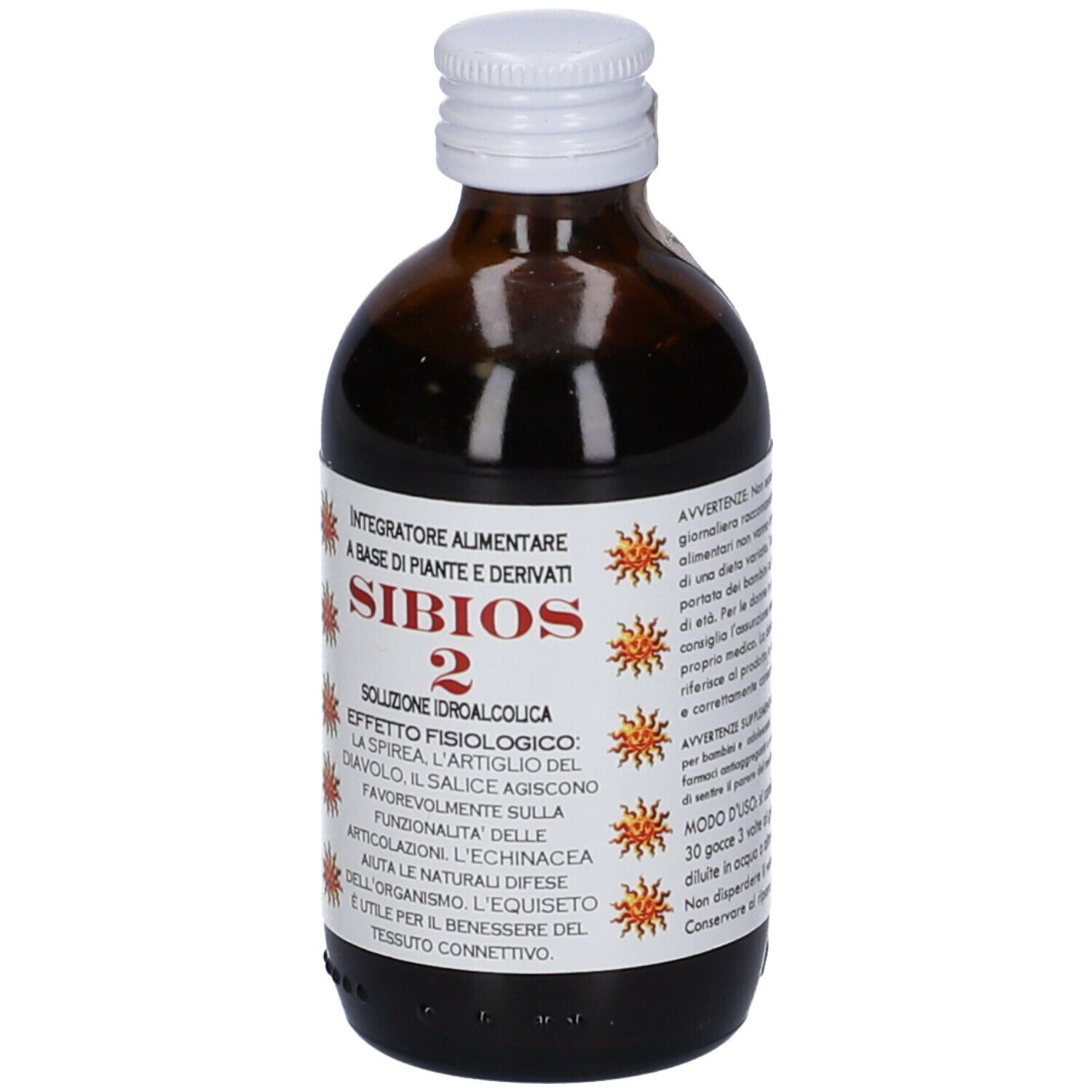 Flacone di vetro marrone con tappo bianco. Etichetta con nome del prodotto e informazioni.