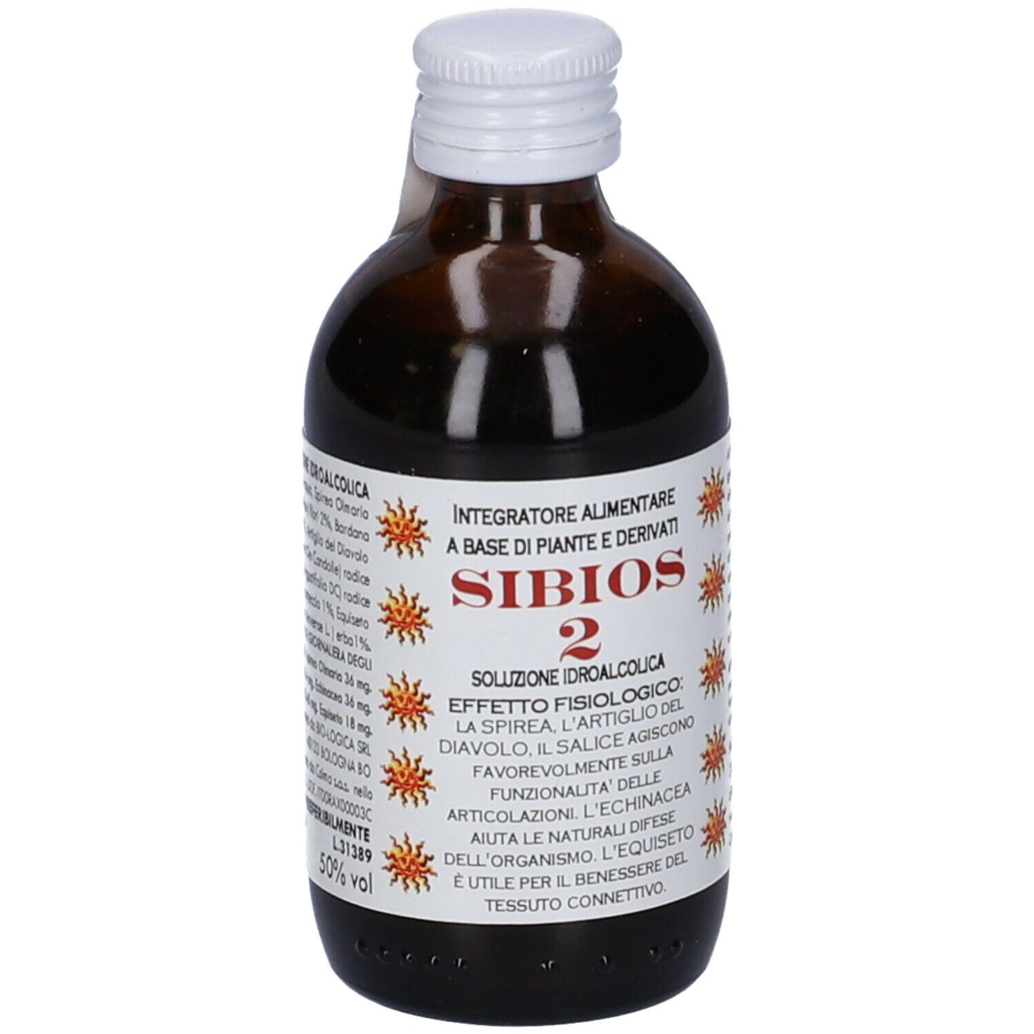 Flacone di vetro marrone con tappo bianco. Etichetta con nome del prodotto e informazioni.