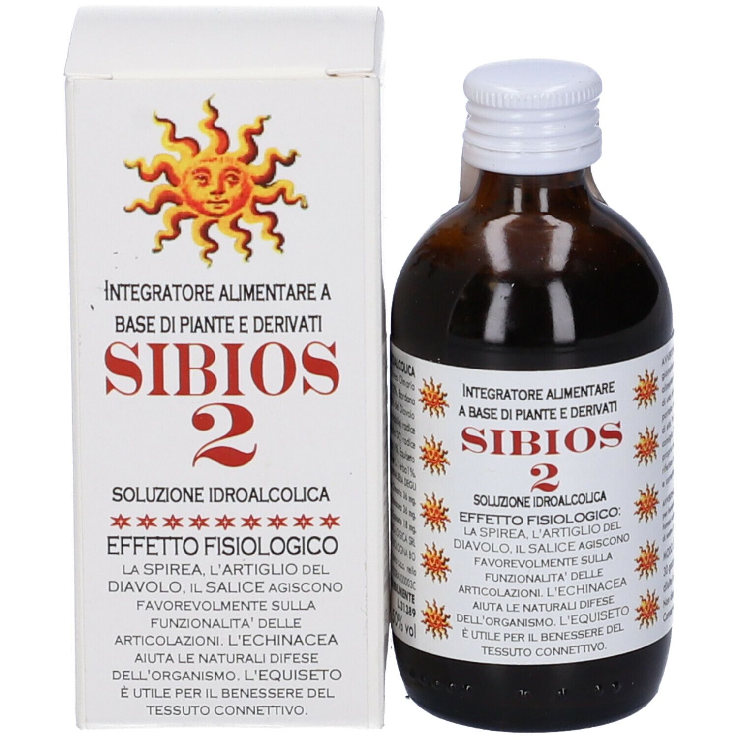 Flacone di vetro marrone e scatola. Scritta: Sibios 2. Scatola con motivo sole e informazioni.