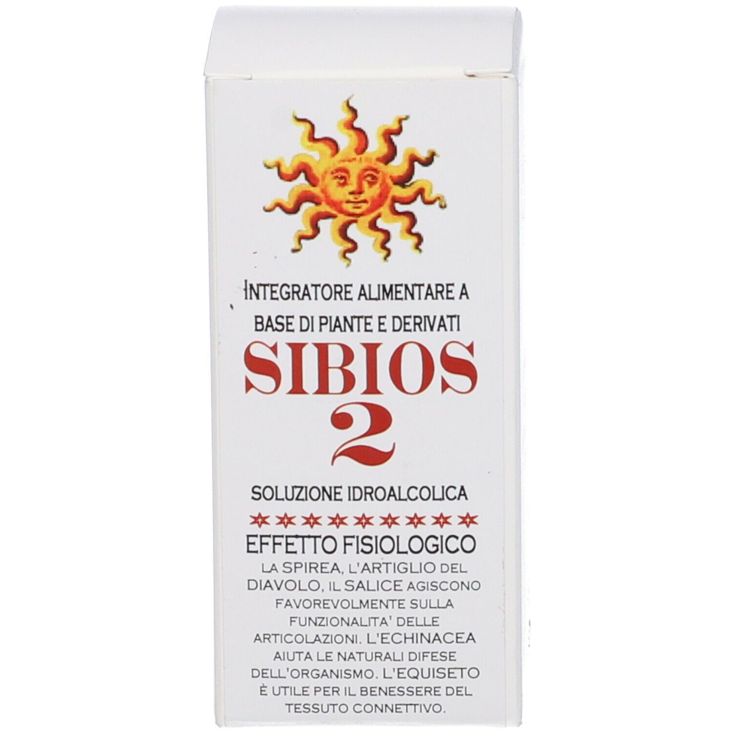 Scatola con motivo sole e informazioni sul prodotto. Scritta: Sibios 2.