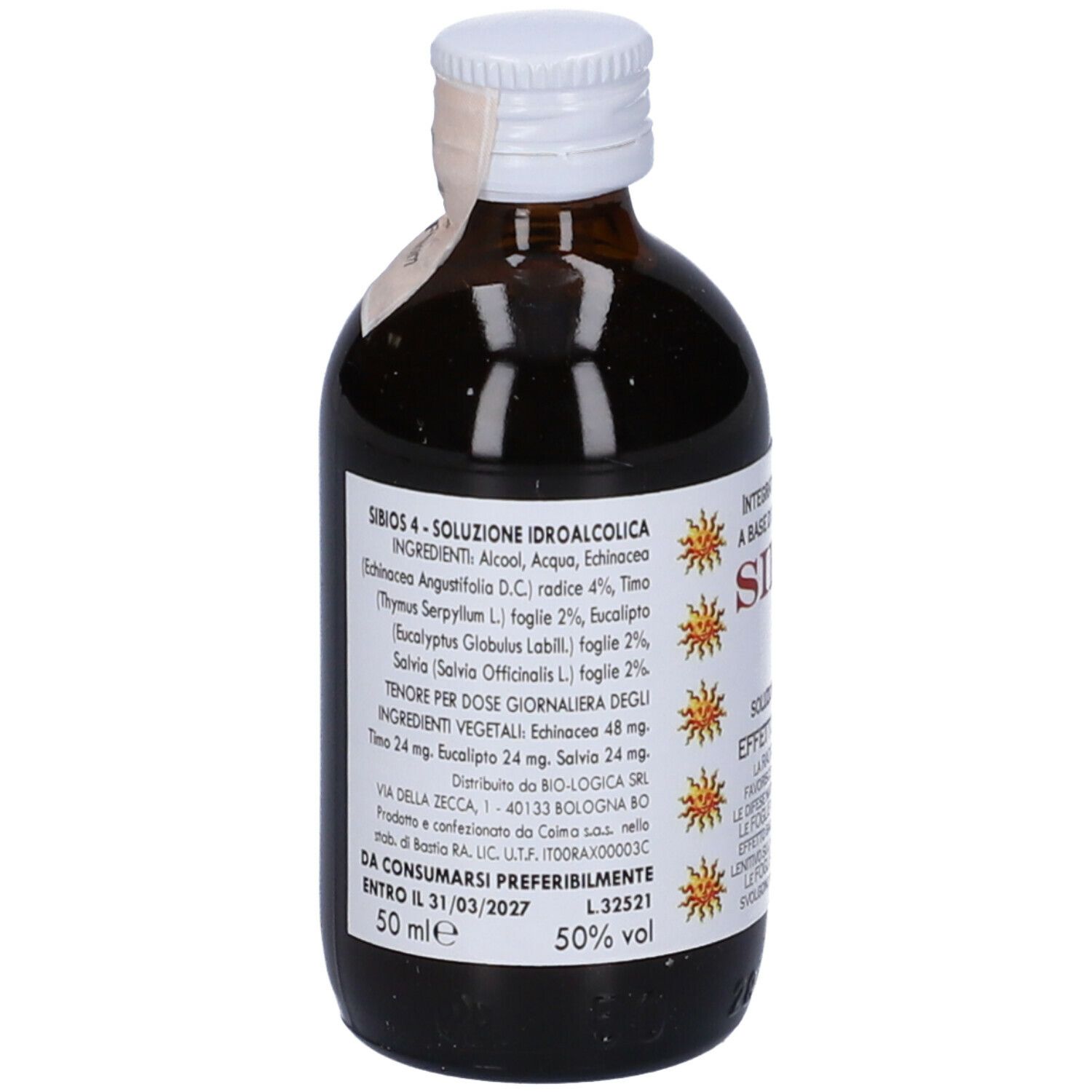 Flacone di vetro marrone con tappo bianco. Retro con etichetta. Contiene informazioni, ingredienti e avvertenze.