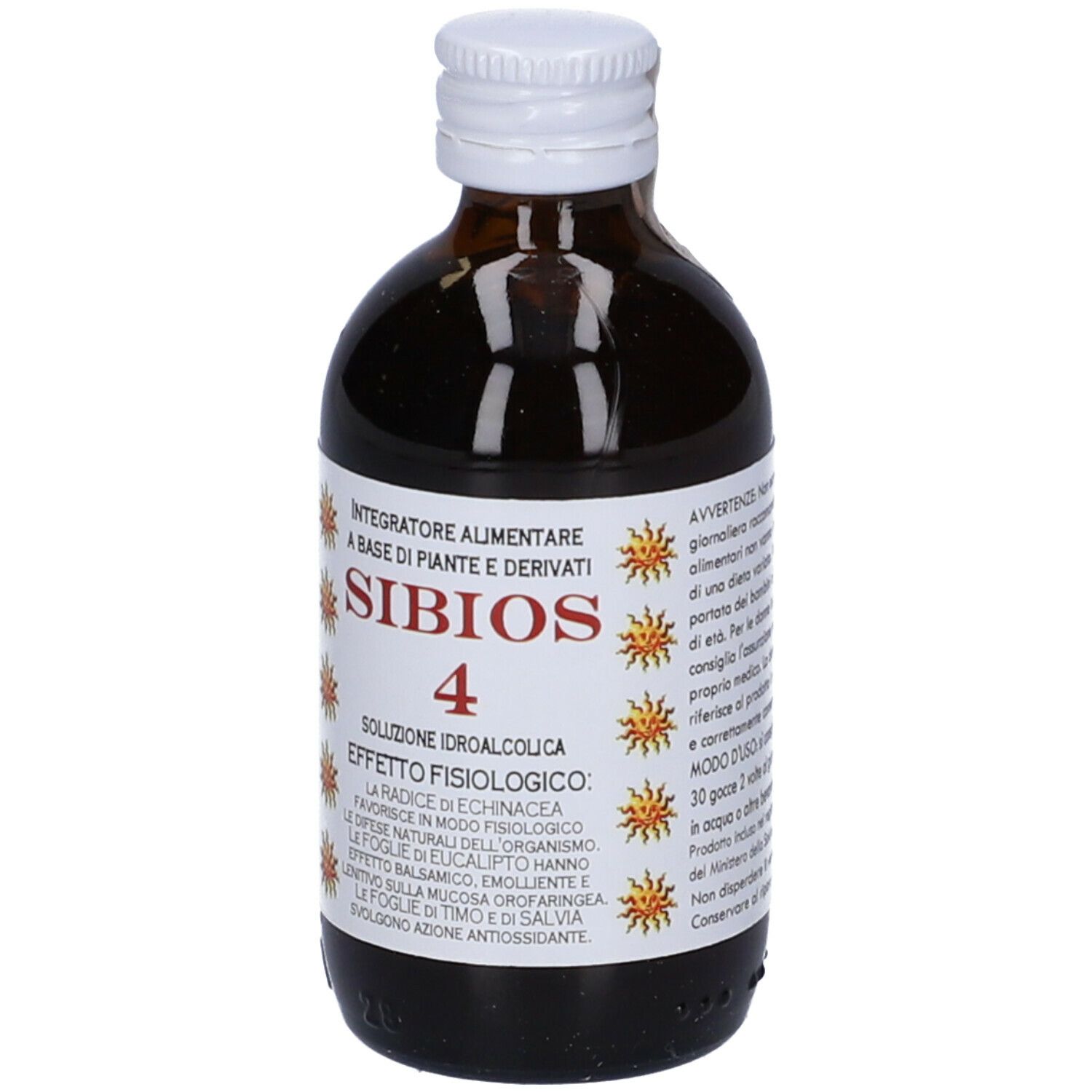 Flacone di vetro marrone con tappo bianco. Vista frontale con etichetta. Nome del prodotto, informazioni e simboli solari.