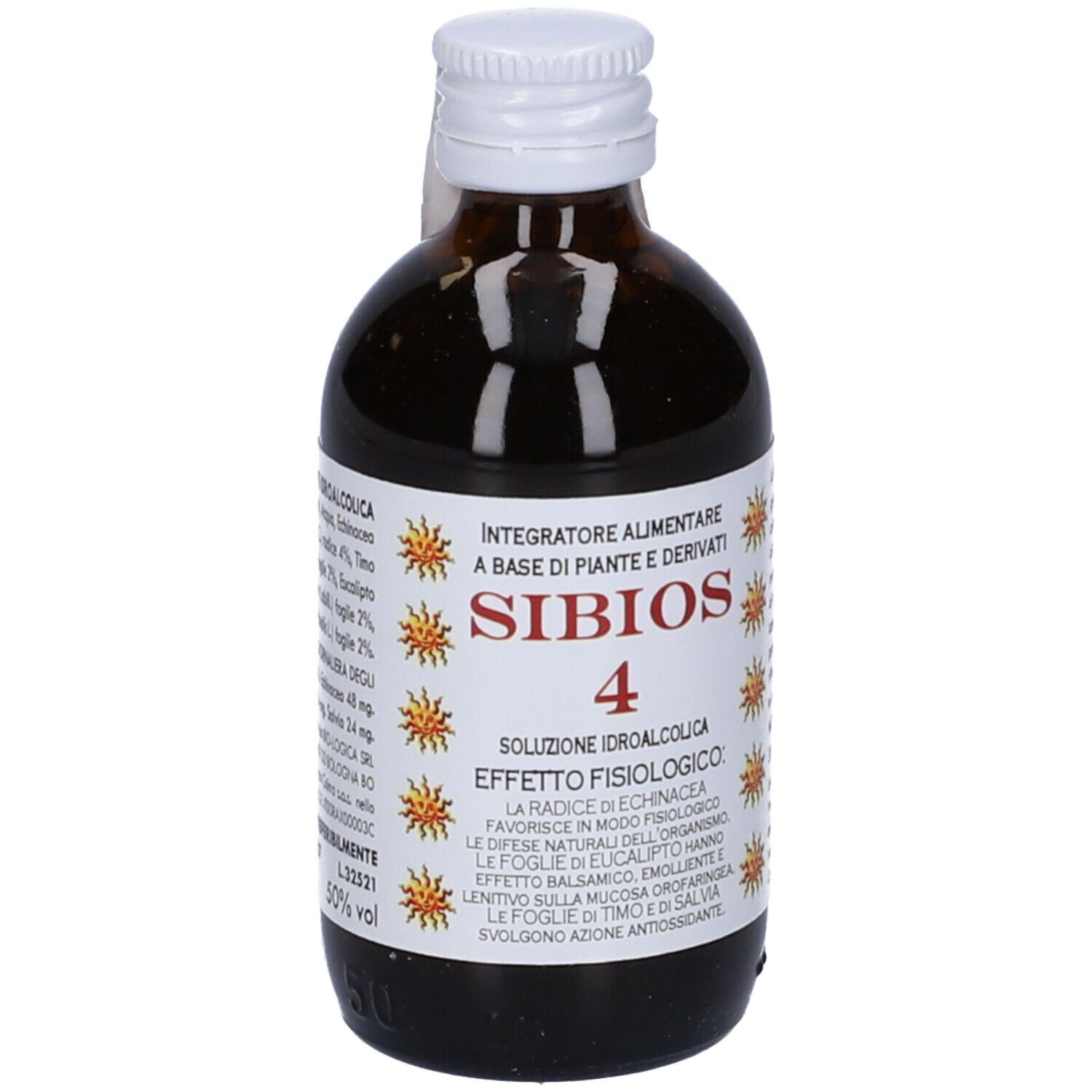 Flacone di vetro marrone con tappo bianco. Retro con etichetta. Informazioni, ingredienti e avvertenze.