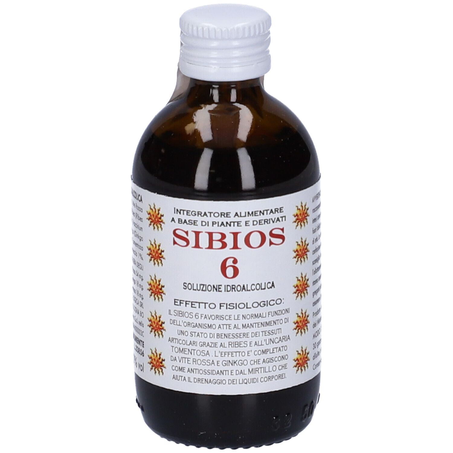 Flacone di vetro marrone con tappo bianco. Scritta: Sibios 6, Integratore Alimentare. Logo sole.