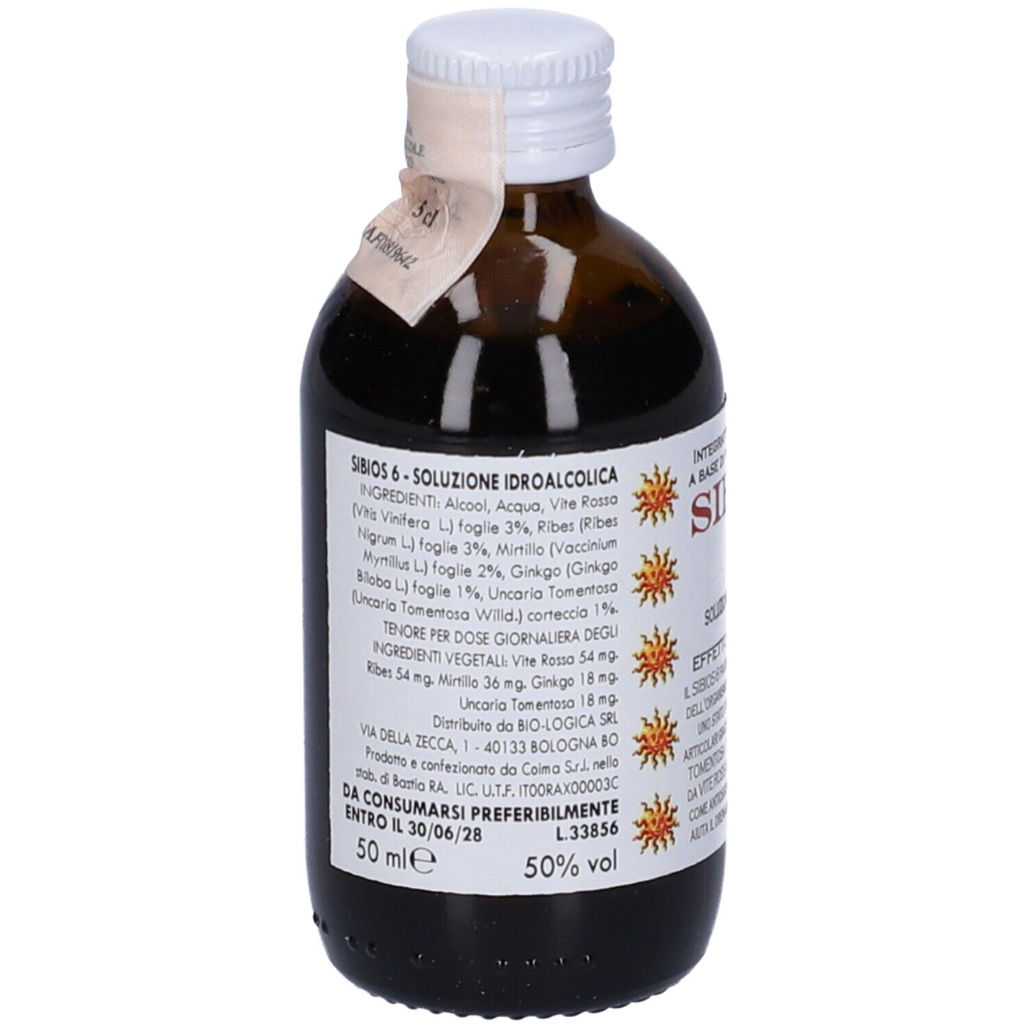 Flacone di vetro marrone con tappo bianco. Scritta: Sibios 6, Integratore Alimentare. Logo sole.