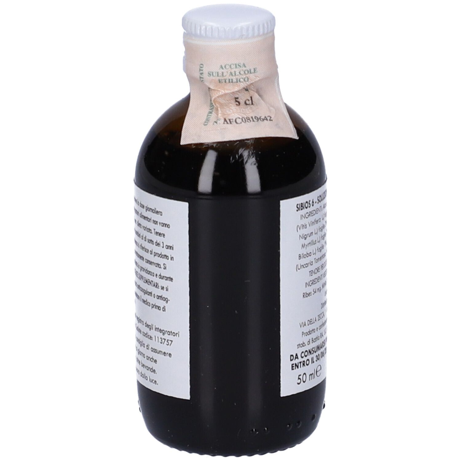 Flacone di vetro marrone con tappo bianco. Scritta: Sibios 6, Integratore Alimentare. Logo sole.