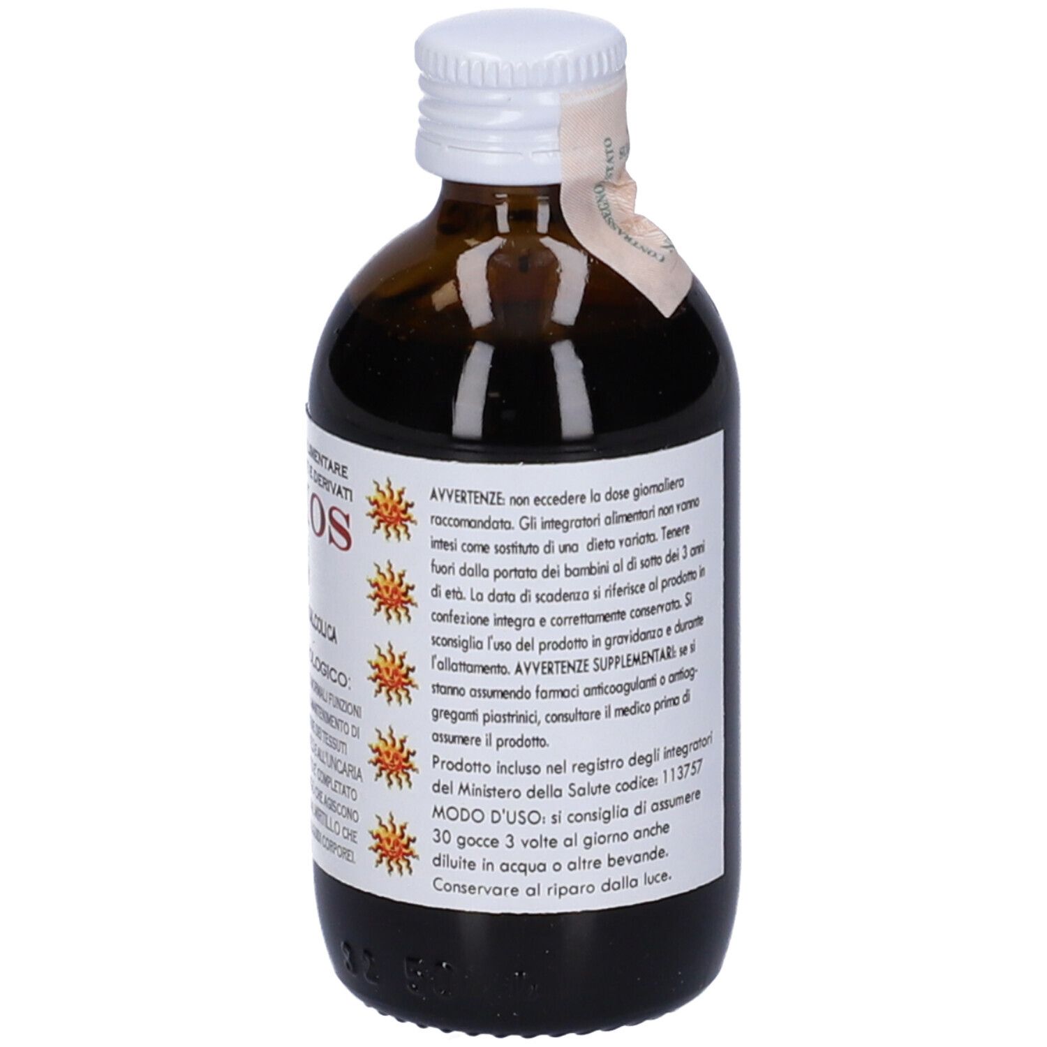 Flacone di vetro marrone con tappo bianco. Scritta: Sibios 6, Integratore Alimentare. Logo sole.