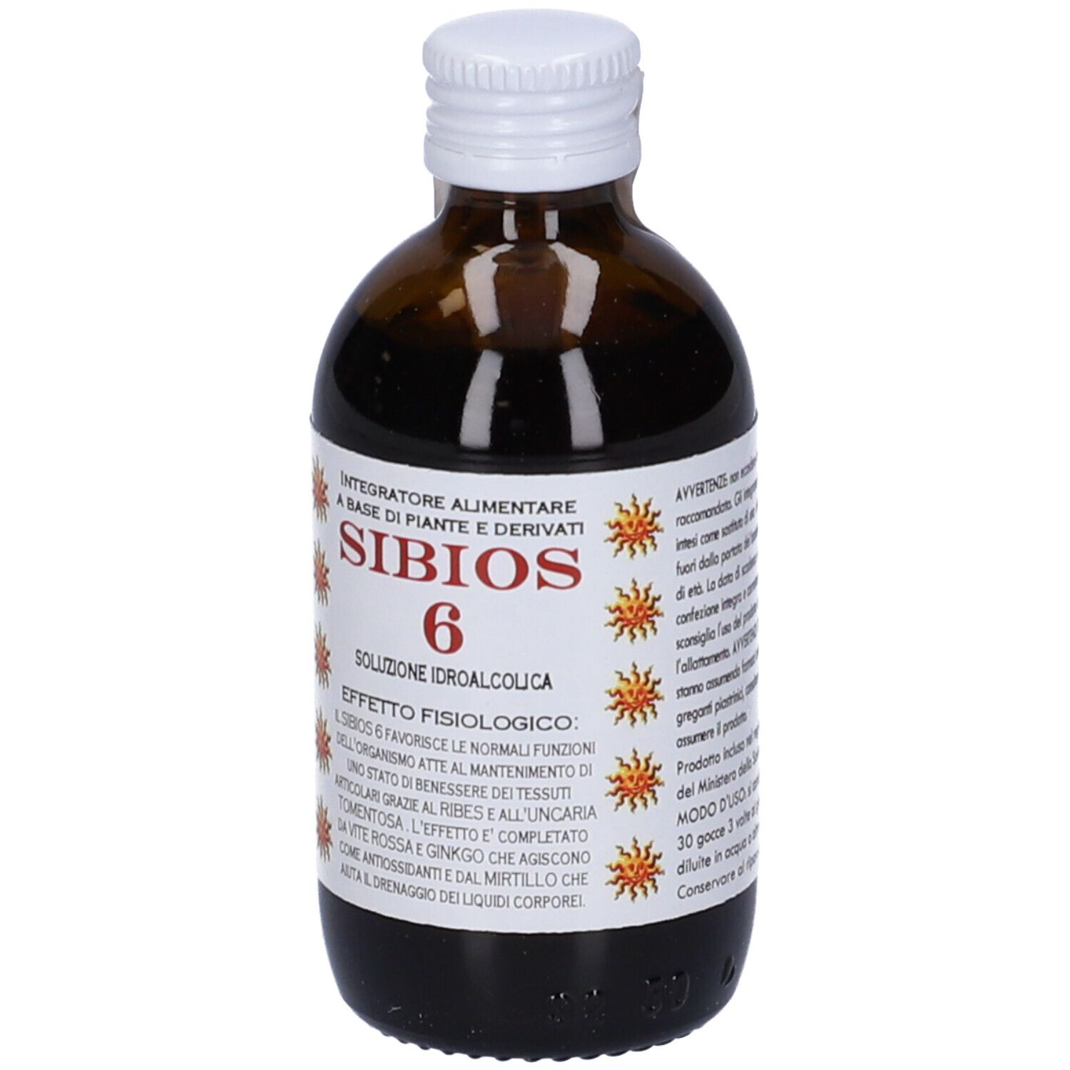Flacone di vetro marrone con tappo bianco. Scritta: Sibios 6, Integratore Alimentare. Logo sole.