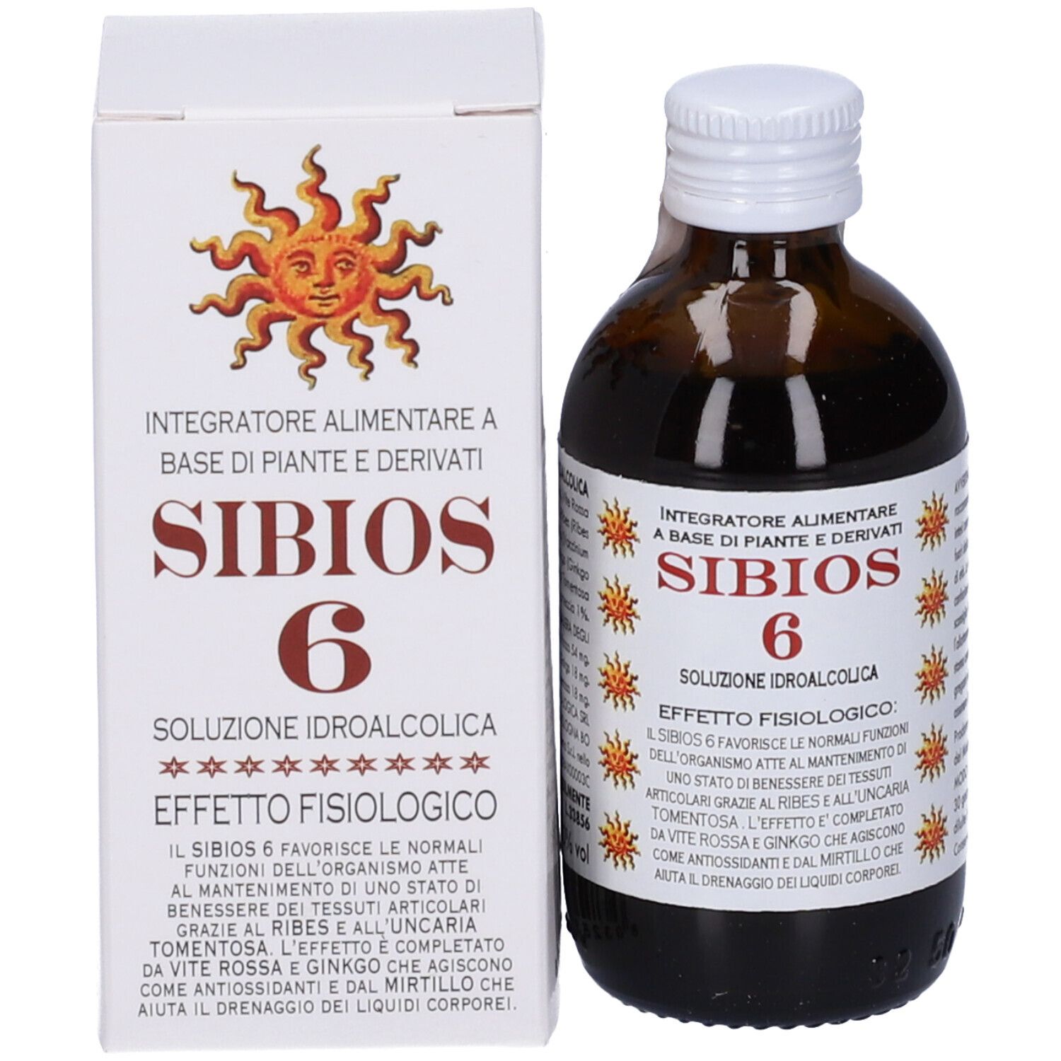 Confezione del prodotto e flacone. Scritta: Sibios 6, Integratore Alimentare. Logo sole.