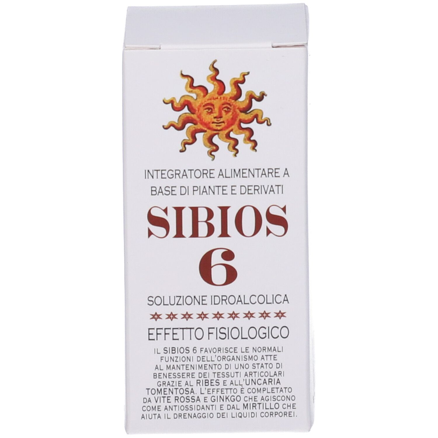 Scatola con stampa del prodotto. Scritta: Sibios 6, Integratore Alimentare. Logo sole.