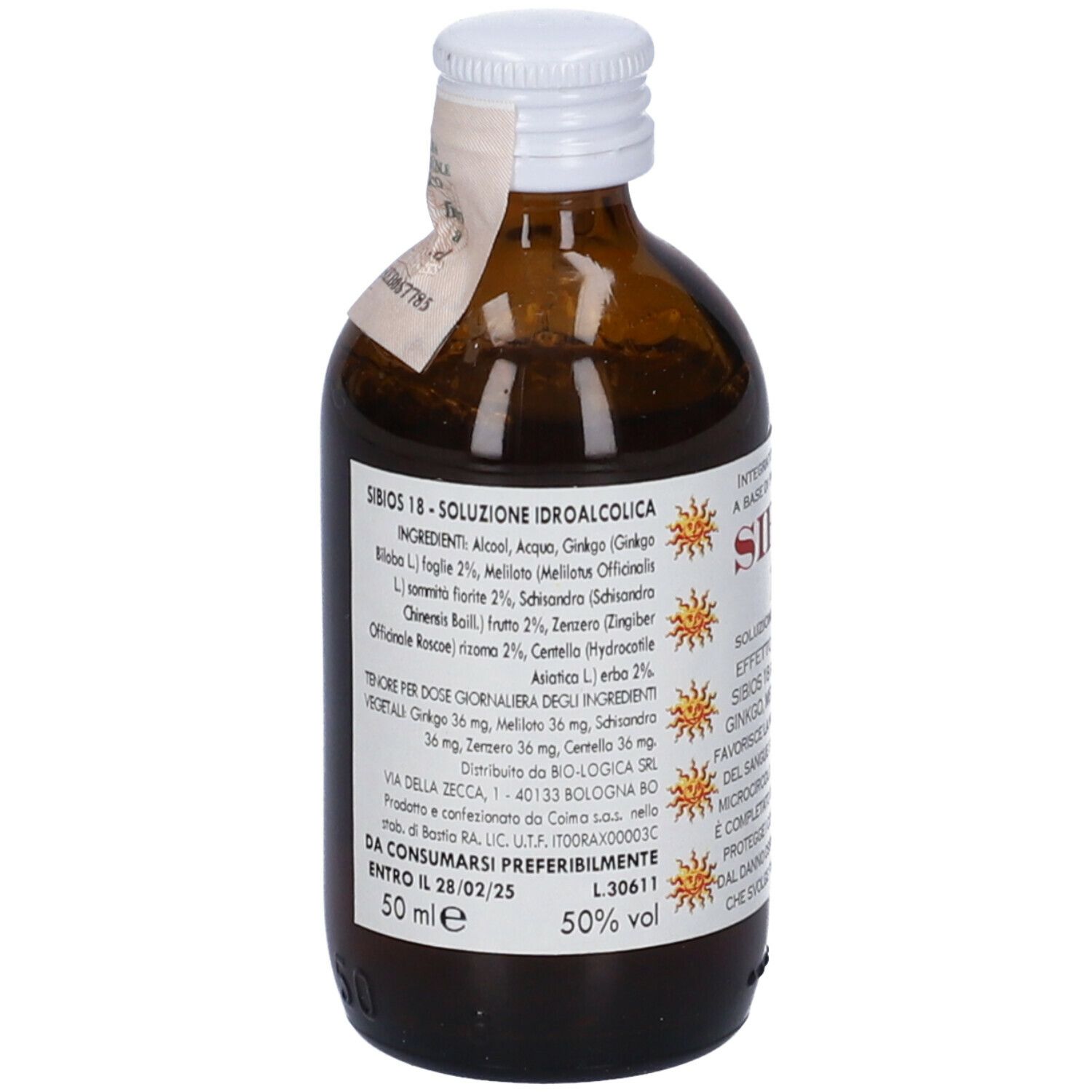 Flacone di vetro marrone con tappo bianco ed etichetta. L'etichetta riporta "Sibios 18".
