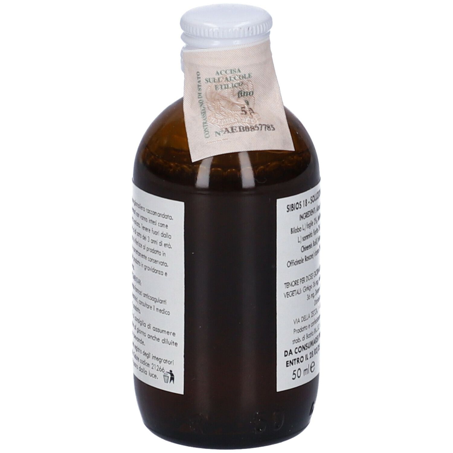 Flacone di vetro marrone con tappo bianco ed etichetta. L'etichetta riporta "Sibios 18".